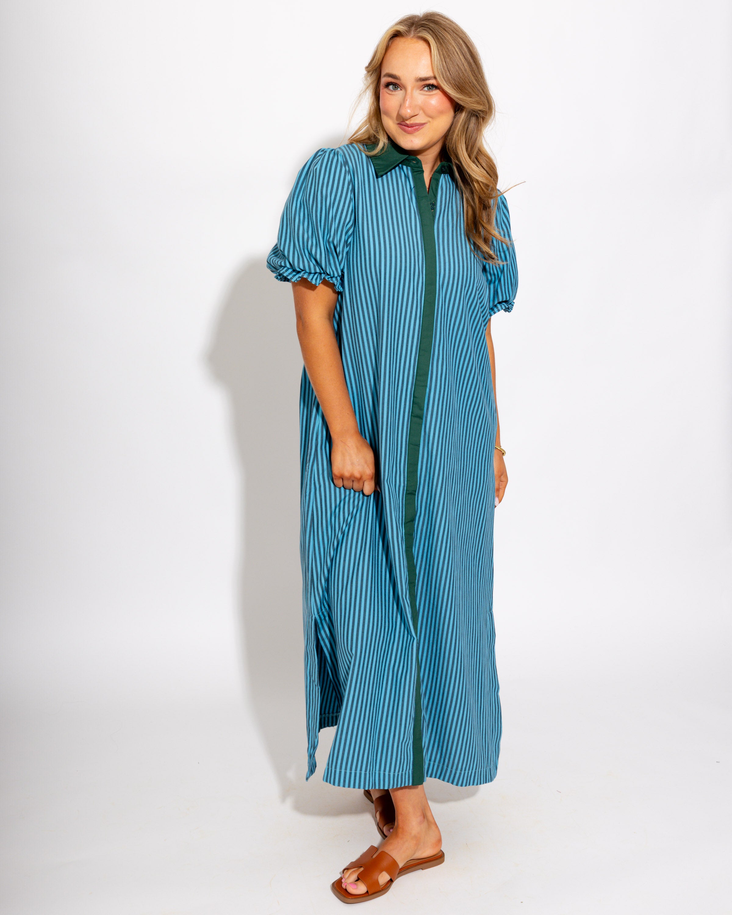 Button Front Stripe Midi Dress