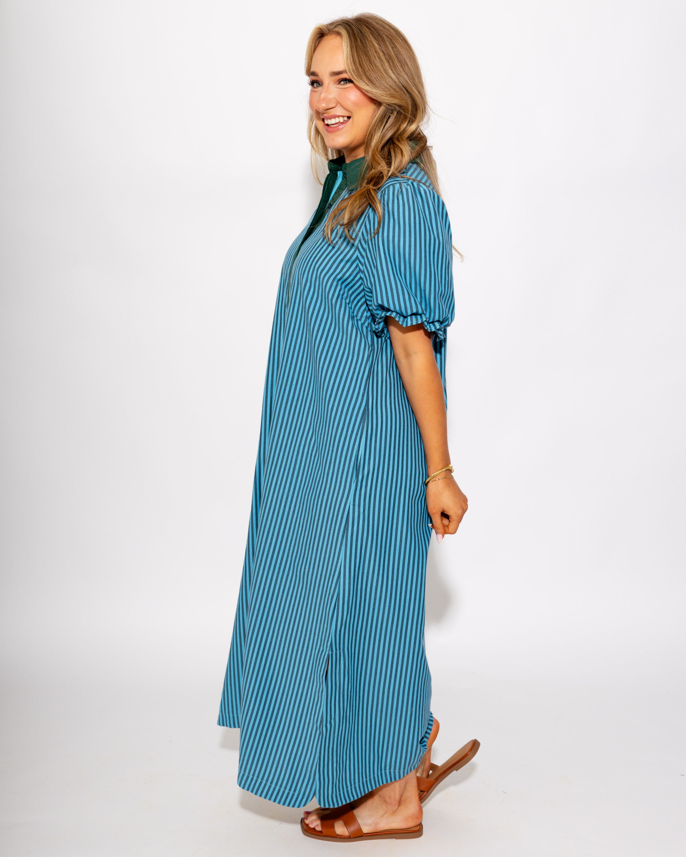 Button Front Stripe Midi Dress