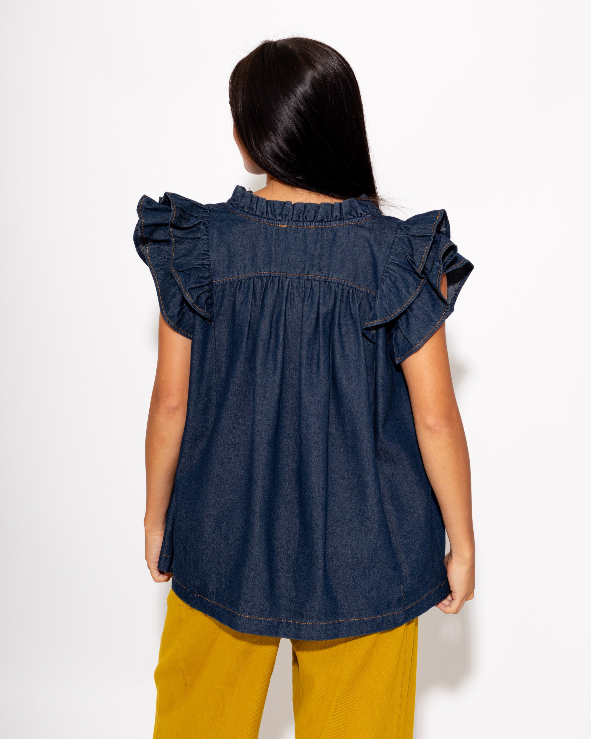 Chambray Ruffle Sleeve V-Neck Top