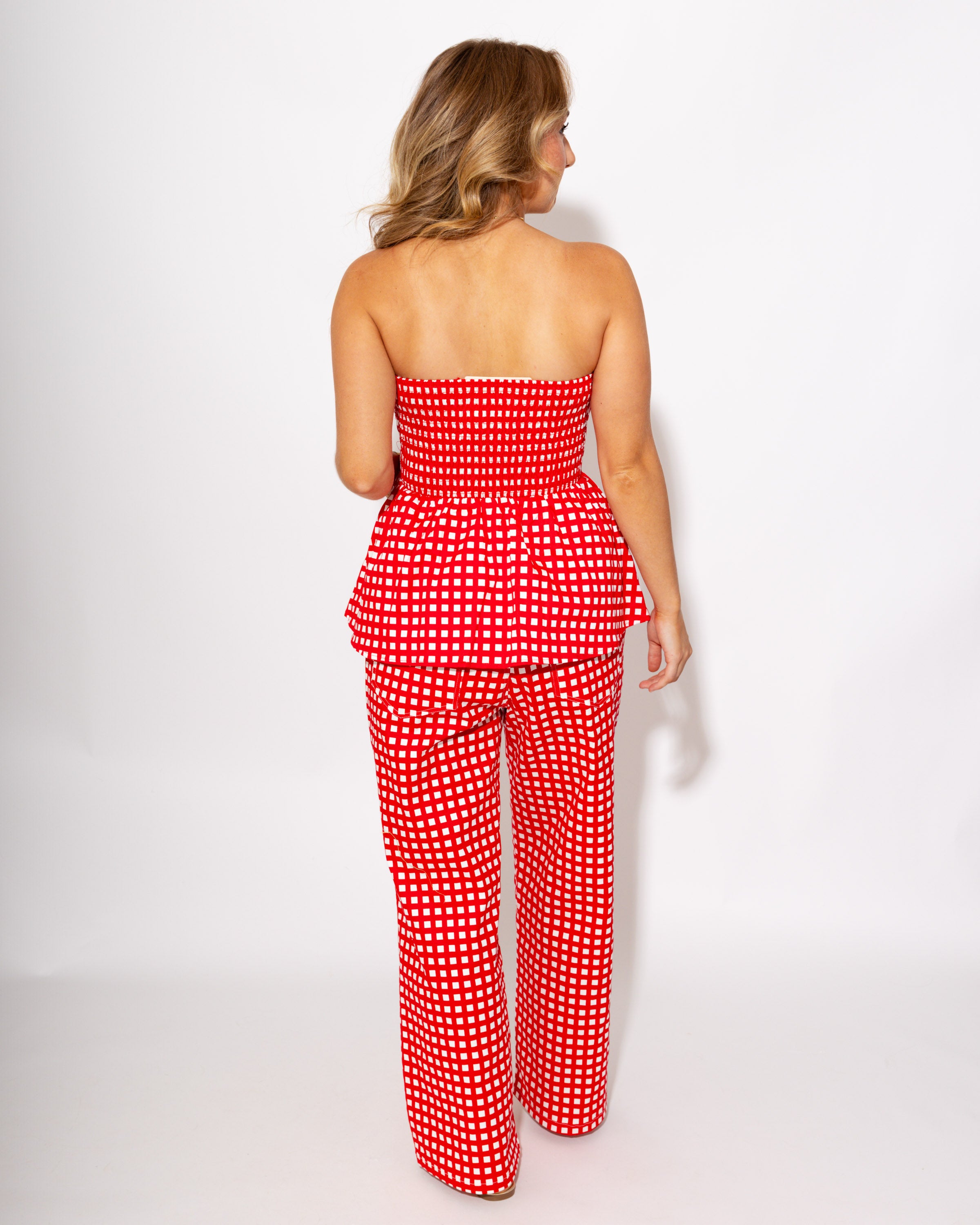 Strapless Checkered Peplum Top & Pant Set