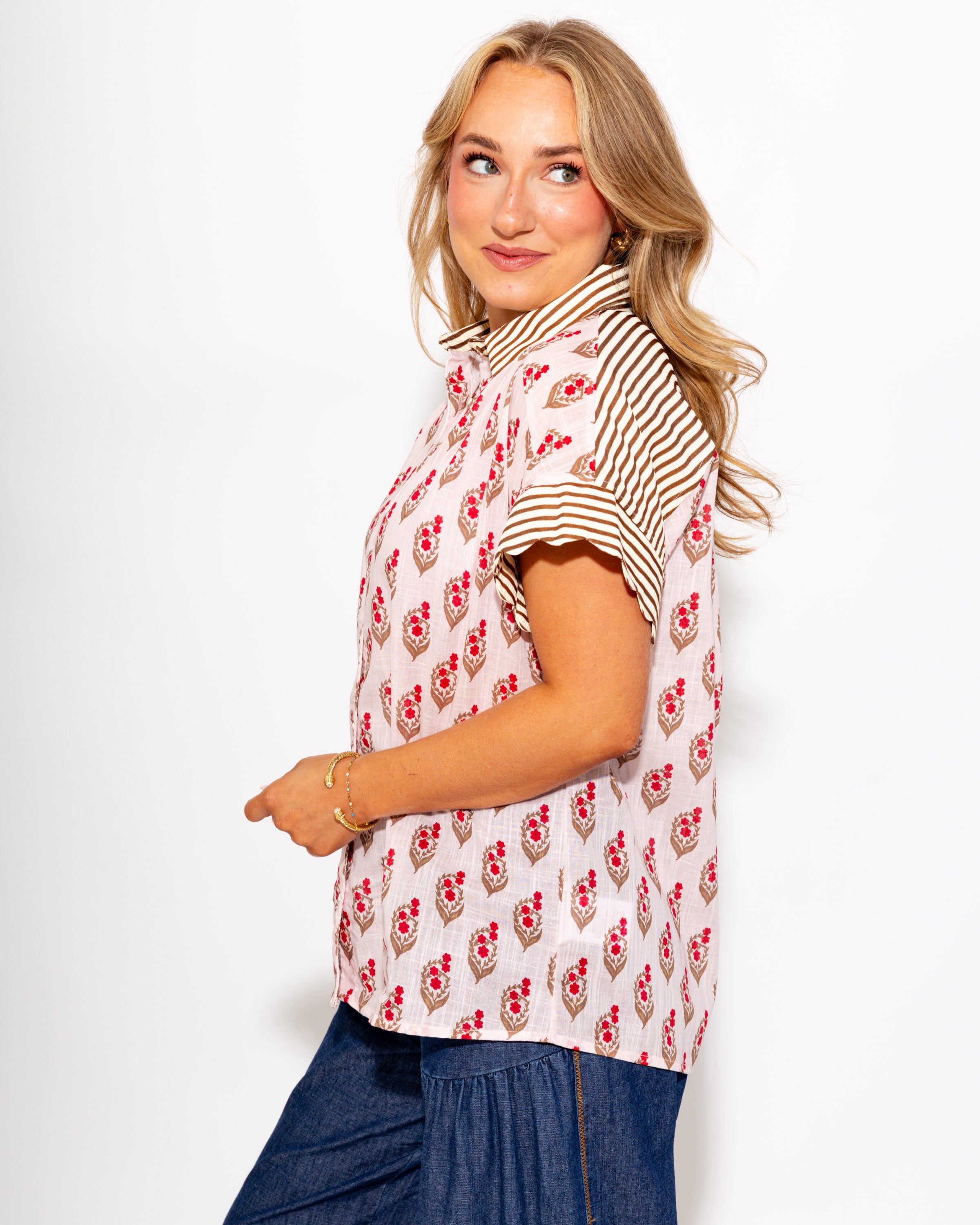 Floral Contrast Scalloped Top