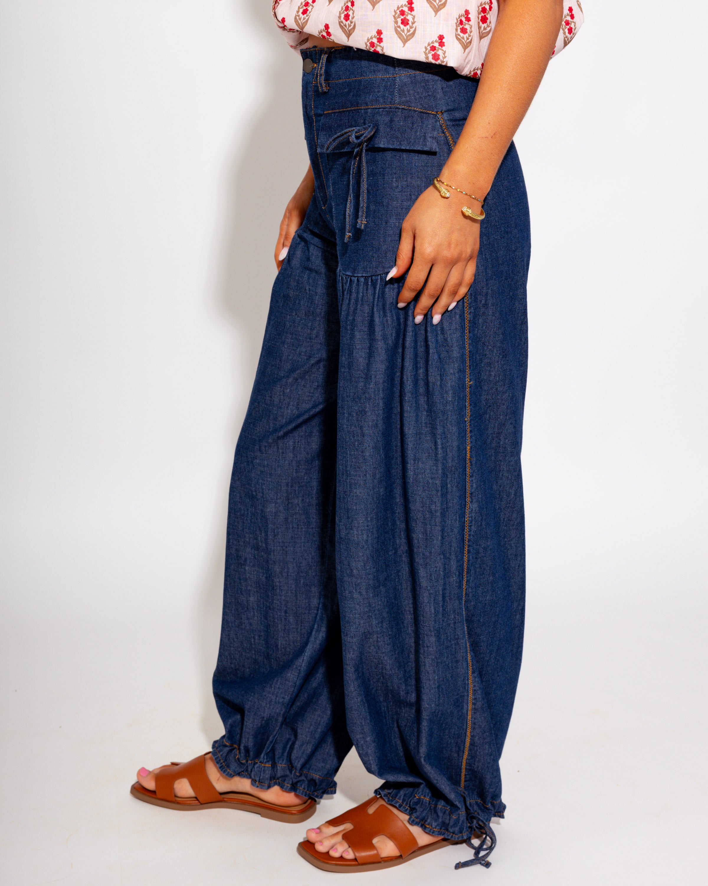 Relaxed Fit Cinched Denim Pants