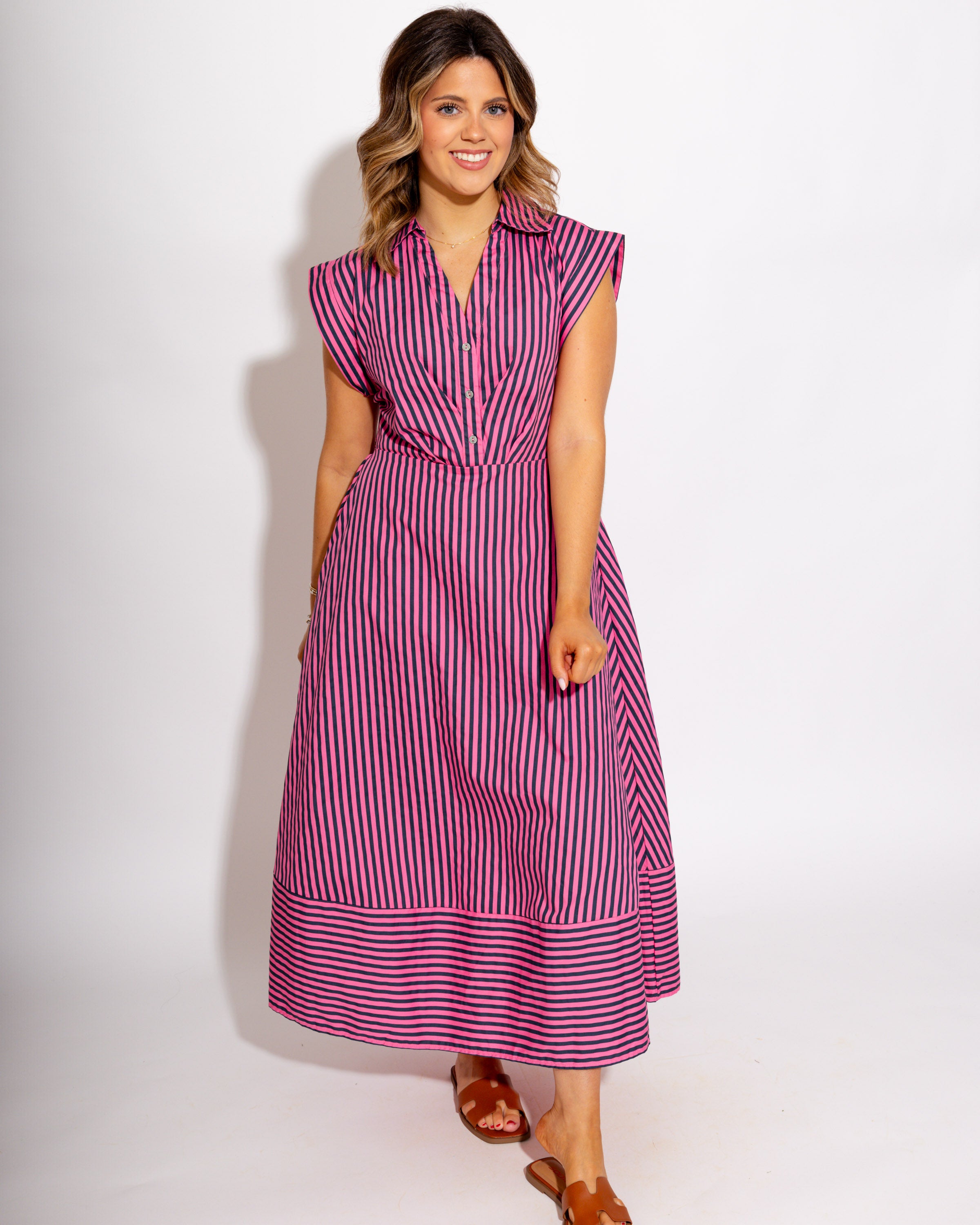 Striped Cap Sleeve Midi Dress in Pink