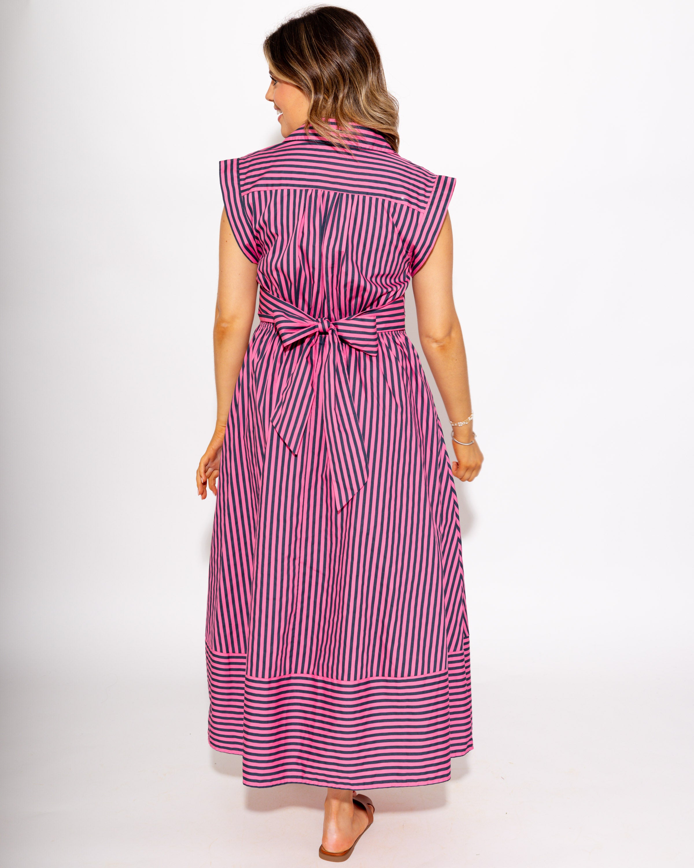 Striped Cap Sleeve Midi Dress in Pink