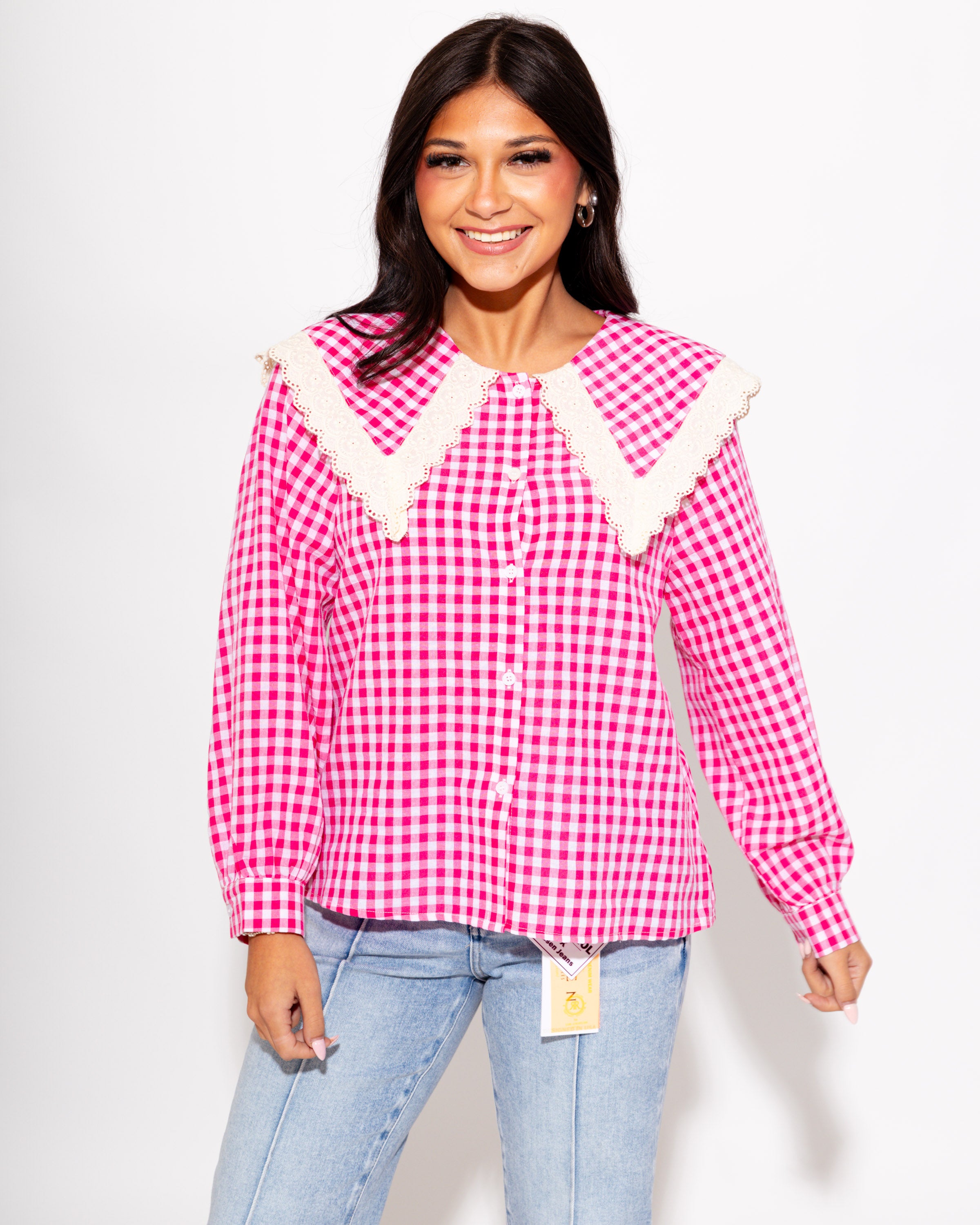 Gingham Lace Trim Top