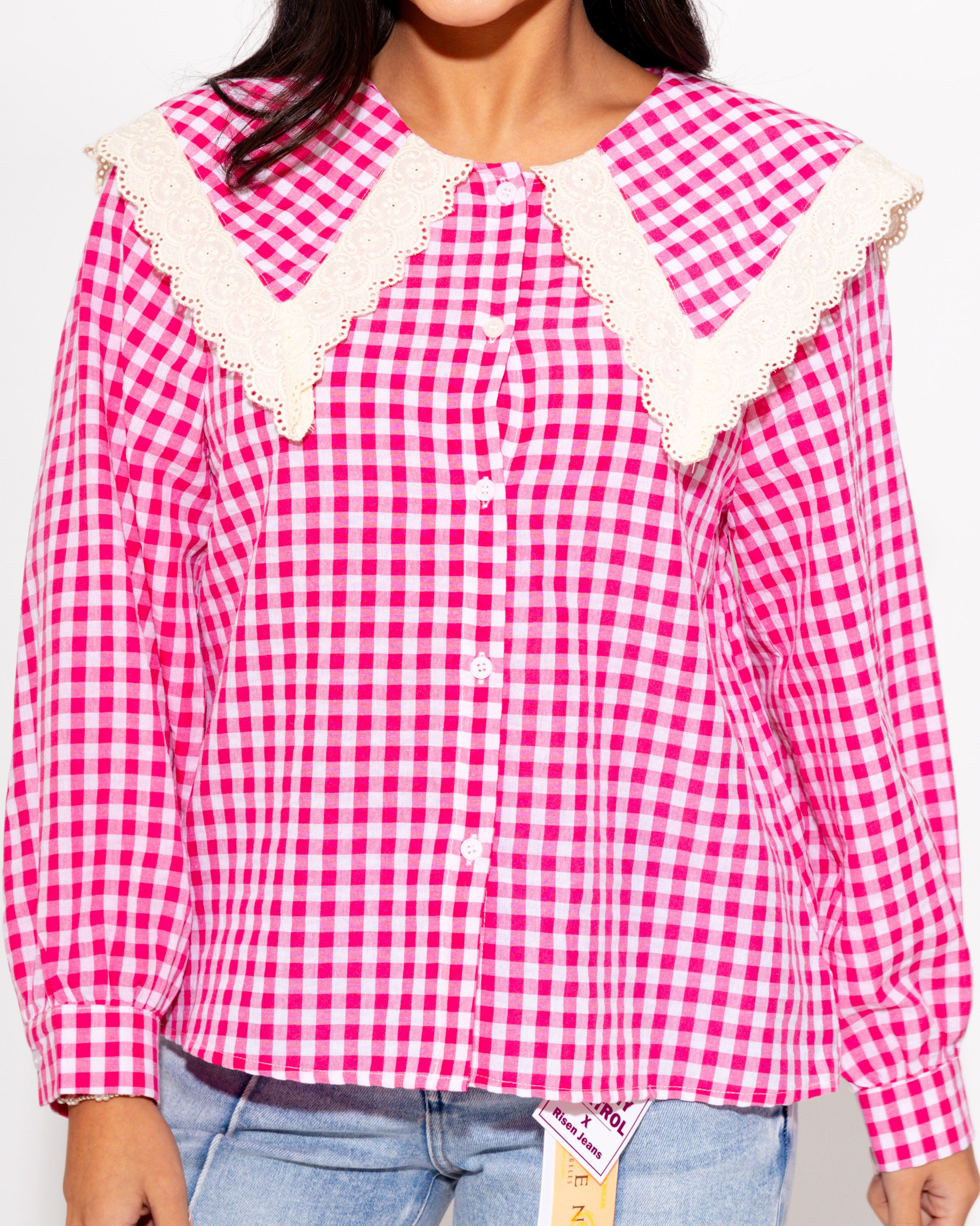 Gingham Lace Trim Top