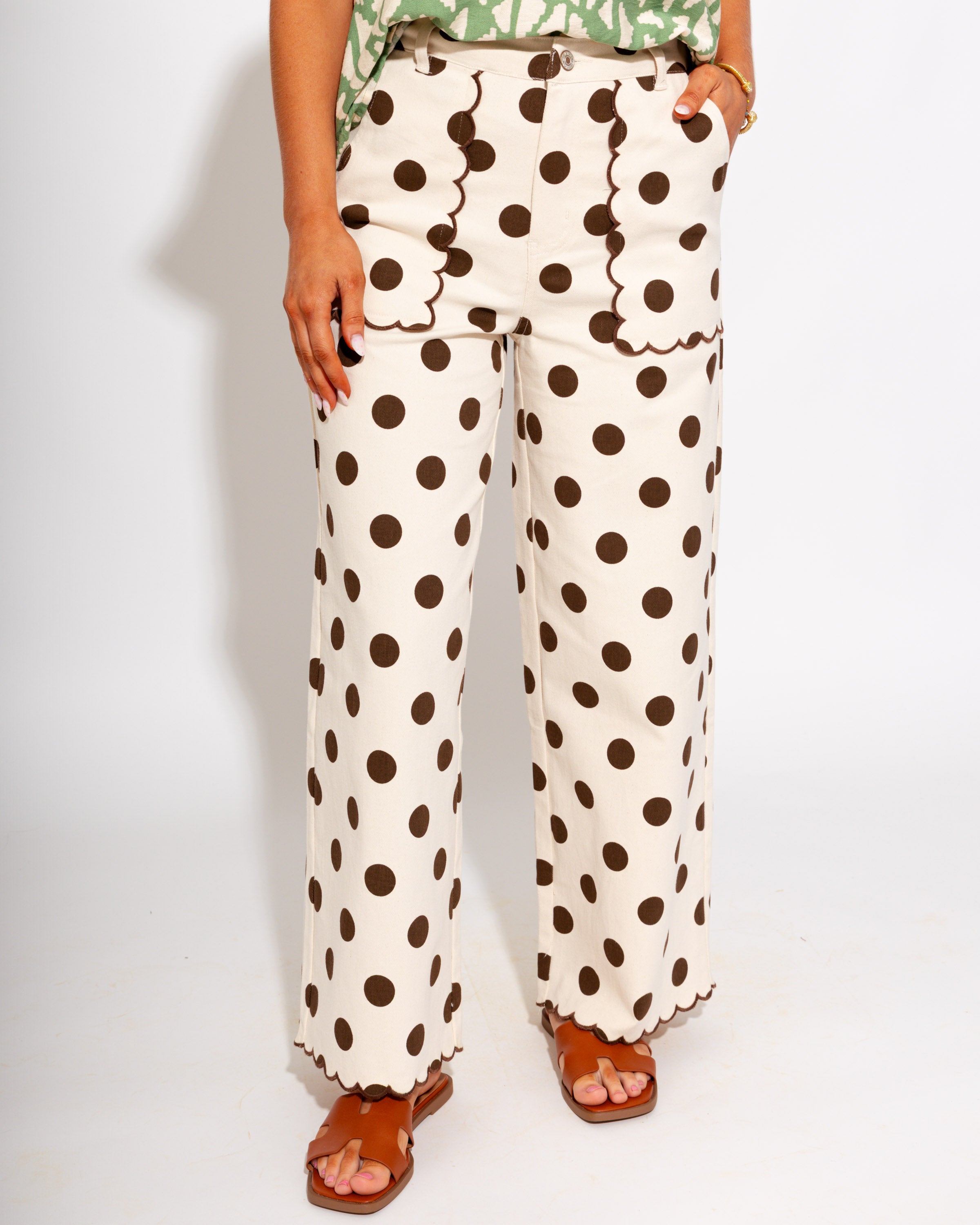 Scalloped Polka Dot Pants in Brown