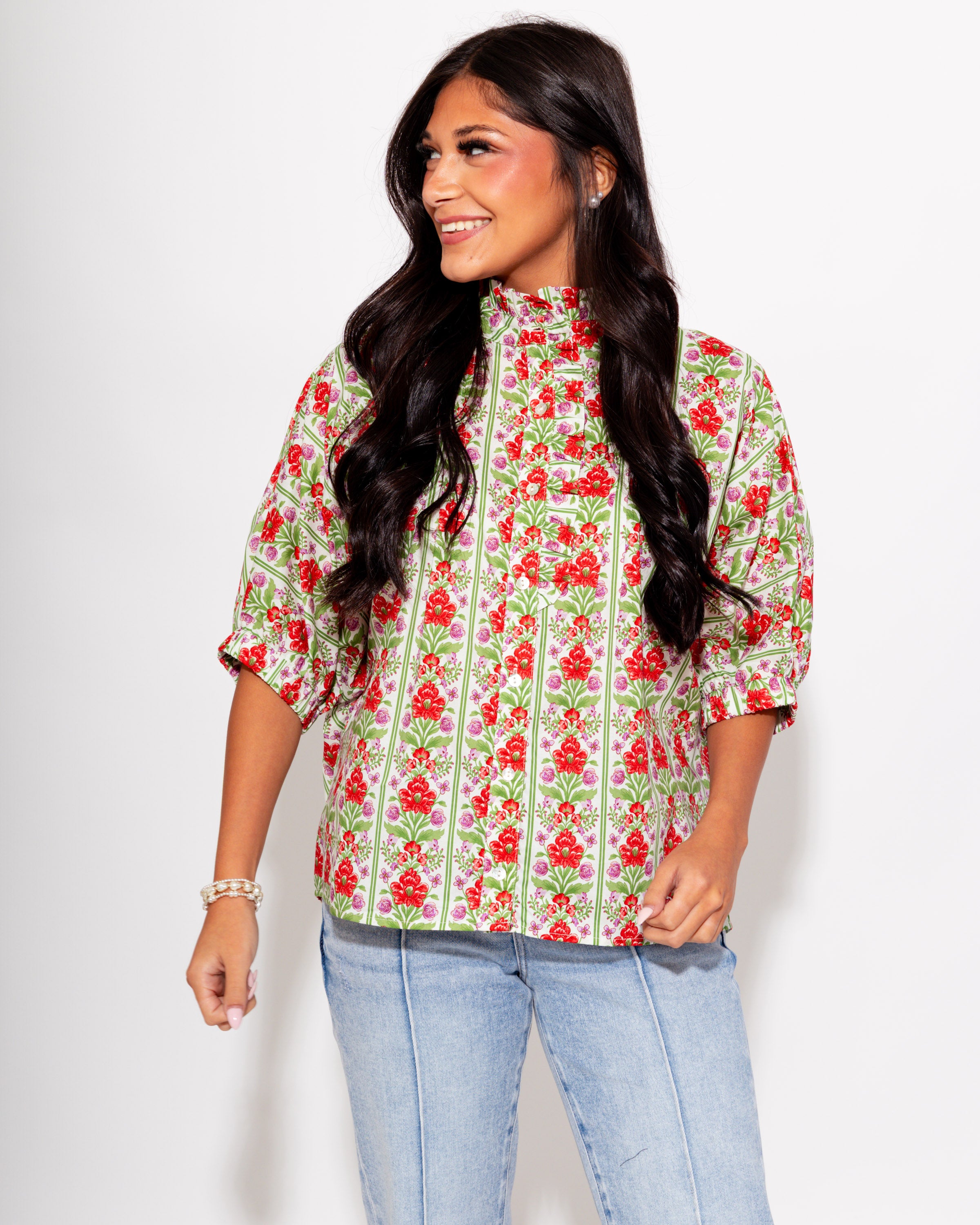 Red Botanical Dolman Sleeve Top