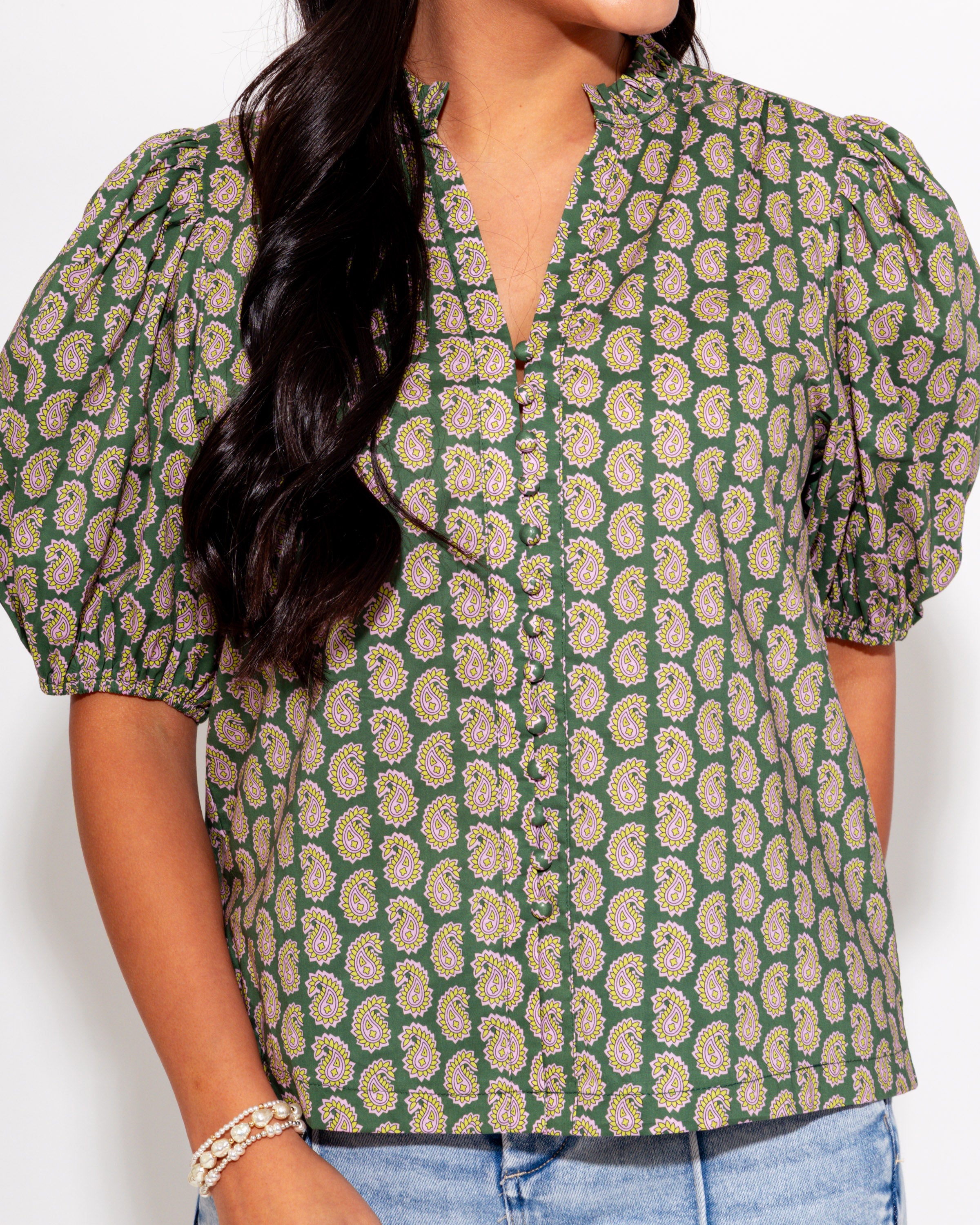 Paisley Puff Sleeve Top in Olive Pink