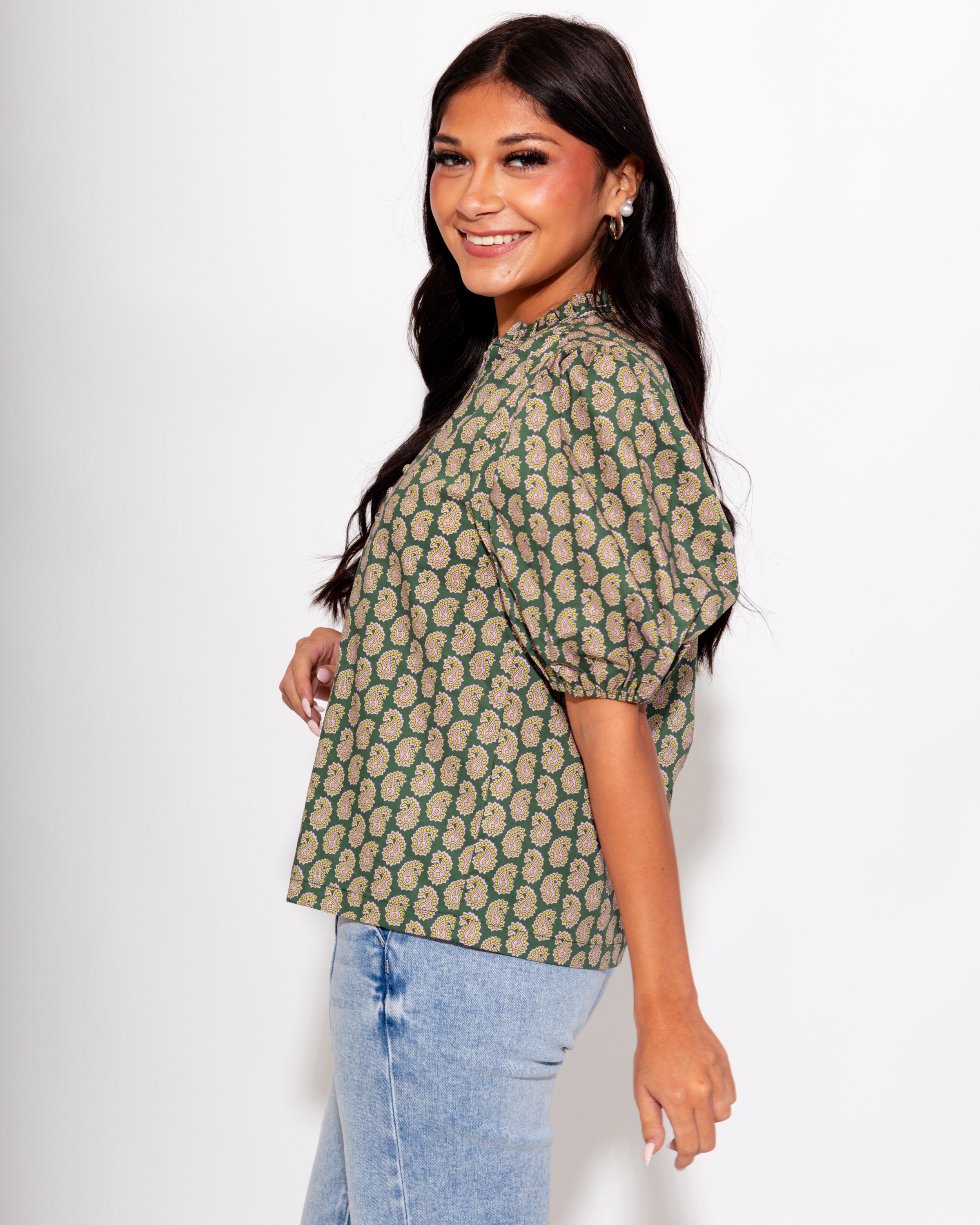 Paisley Puff Sleeve Top in Olive Pink