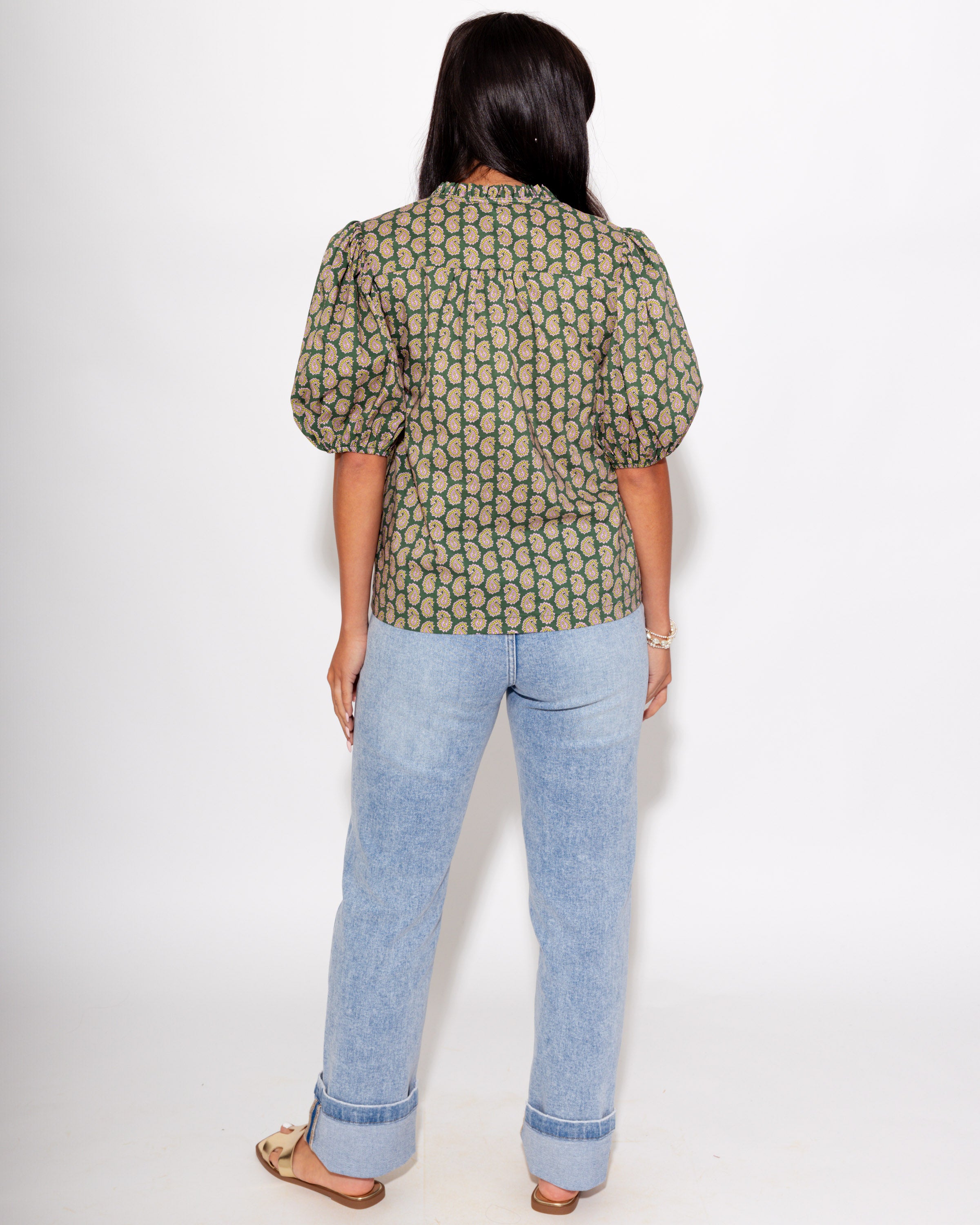 Paisley Puff Sleeve Top in Olive Pink