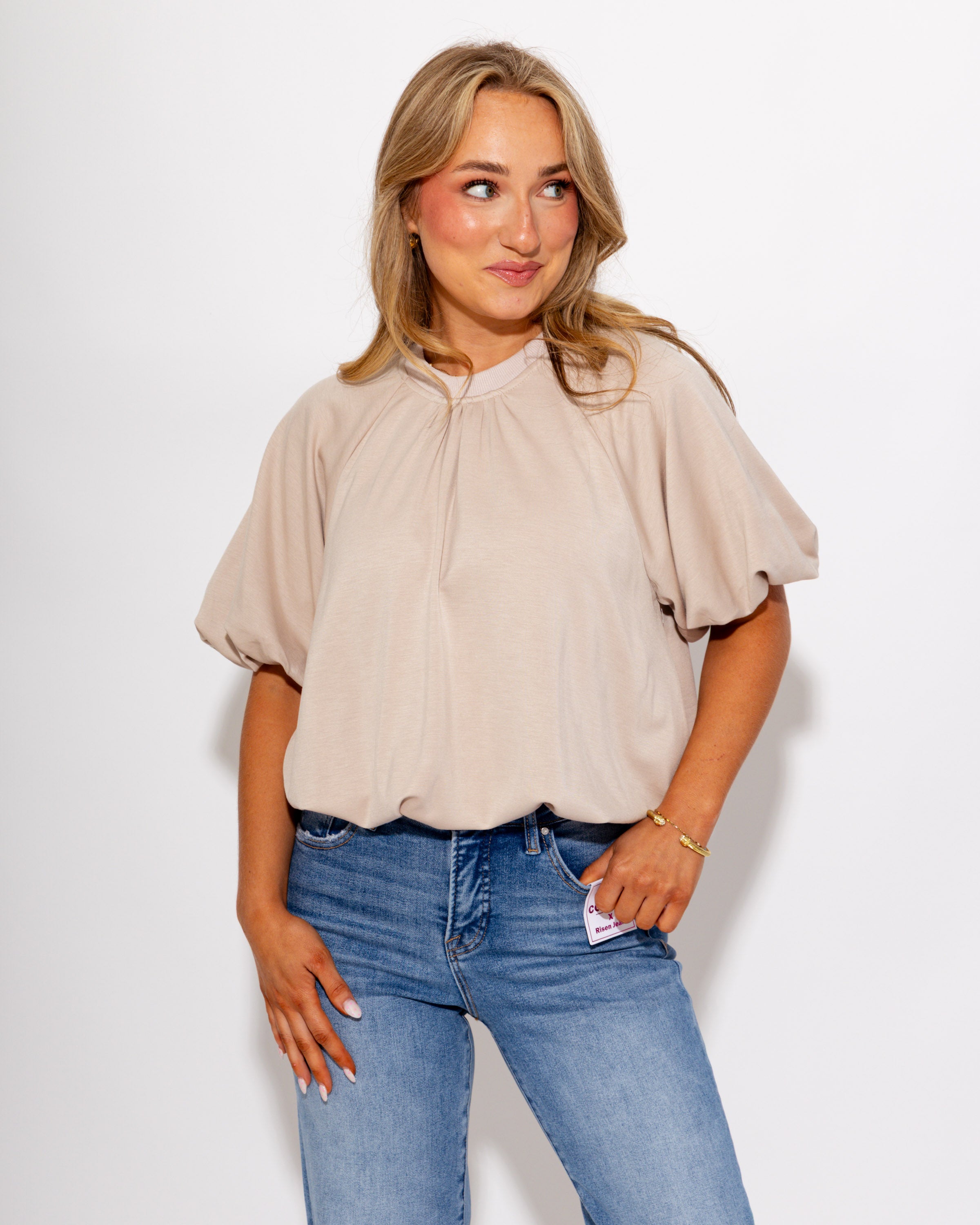Gathered Detail Top in Almond