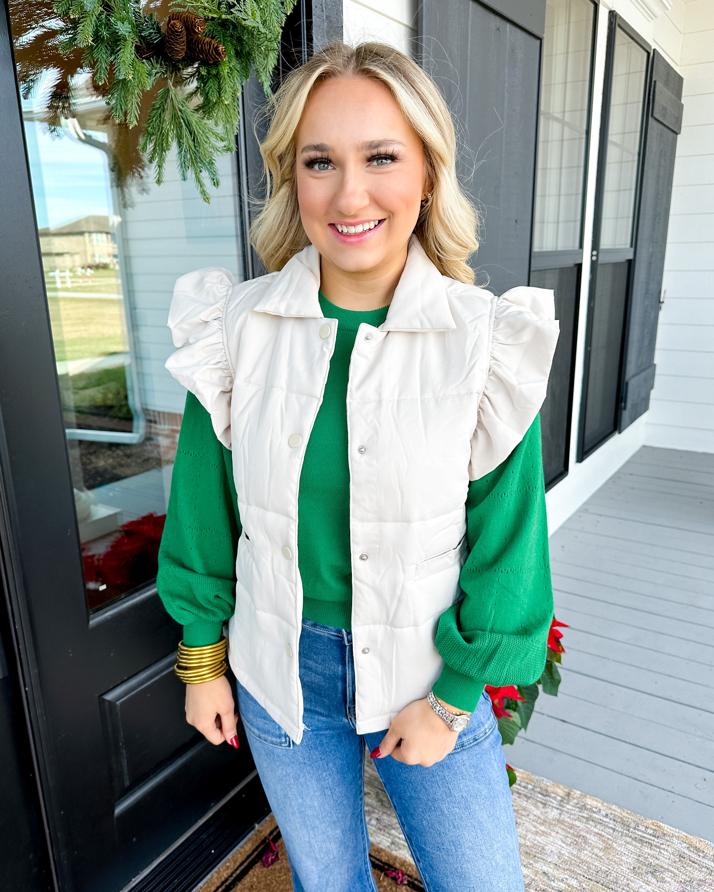 Ruffle Shoulder Padded Vest in Oatmeal