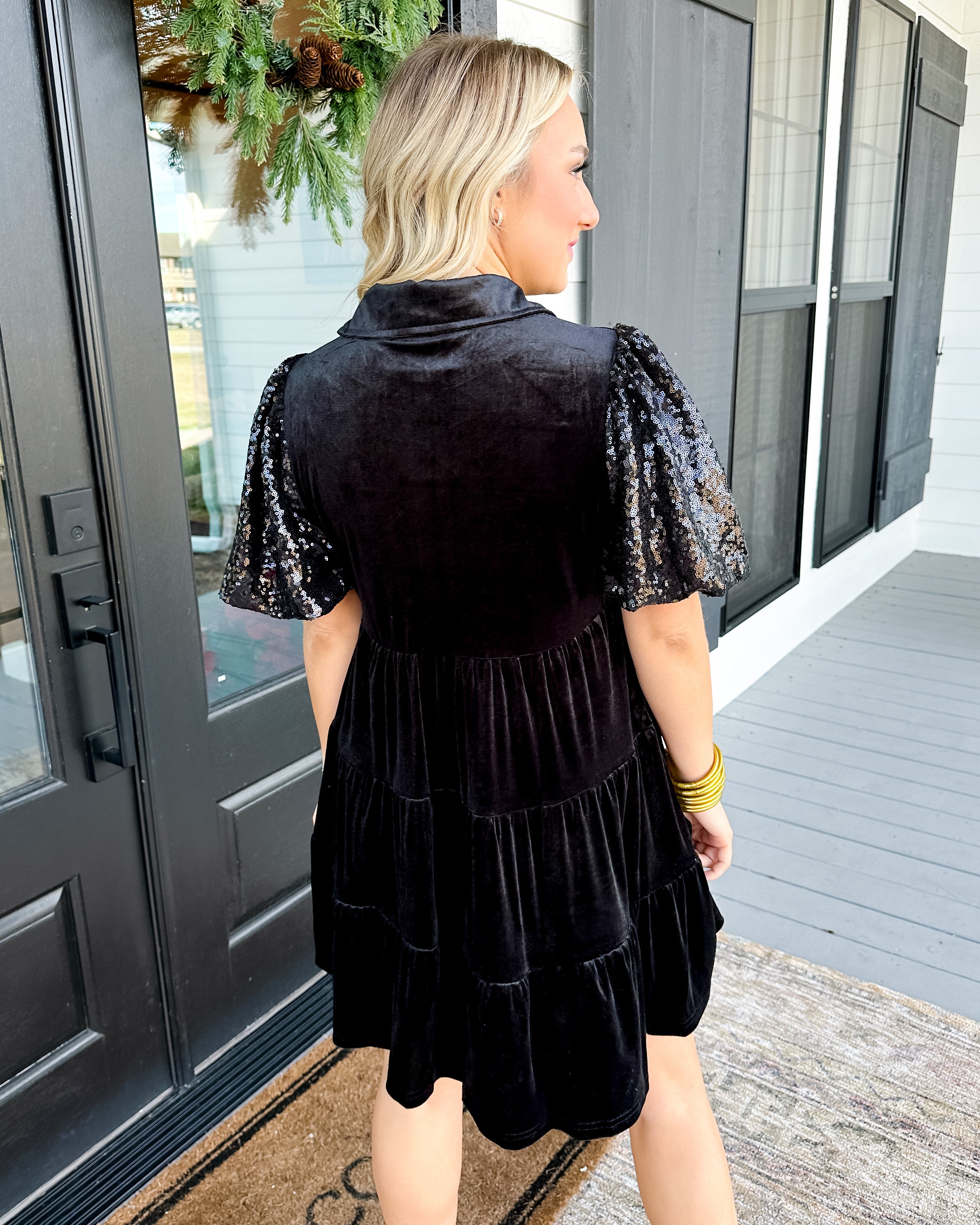 Black Velvet Bubble Sleeve Mini Dress