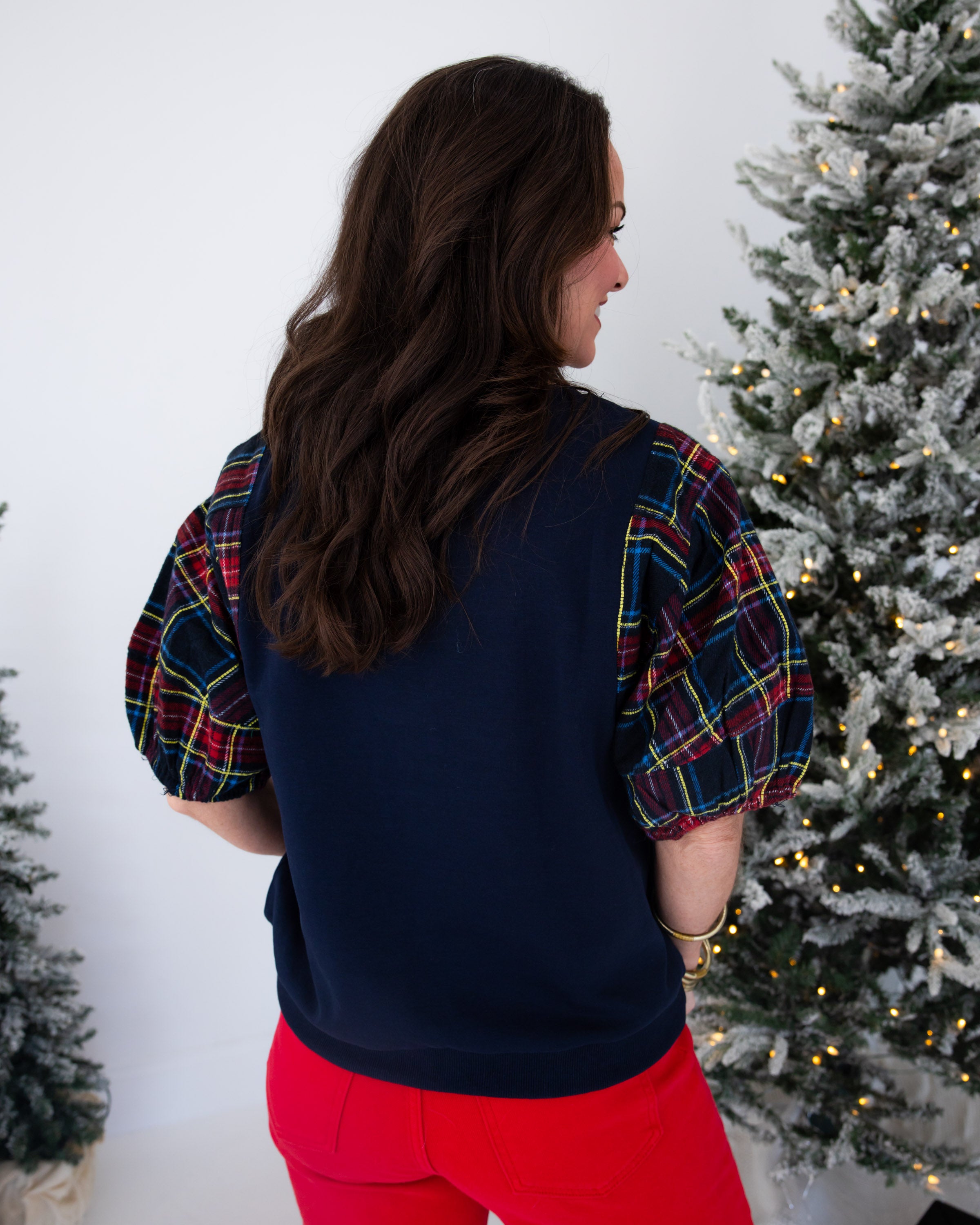 Plaid Puff Sleeve Top in Navy