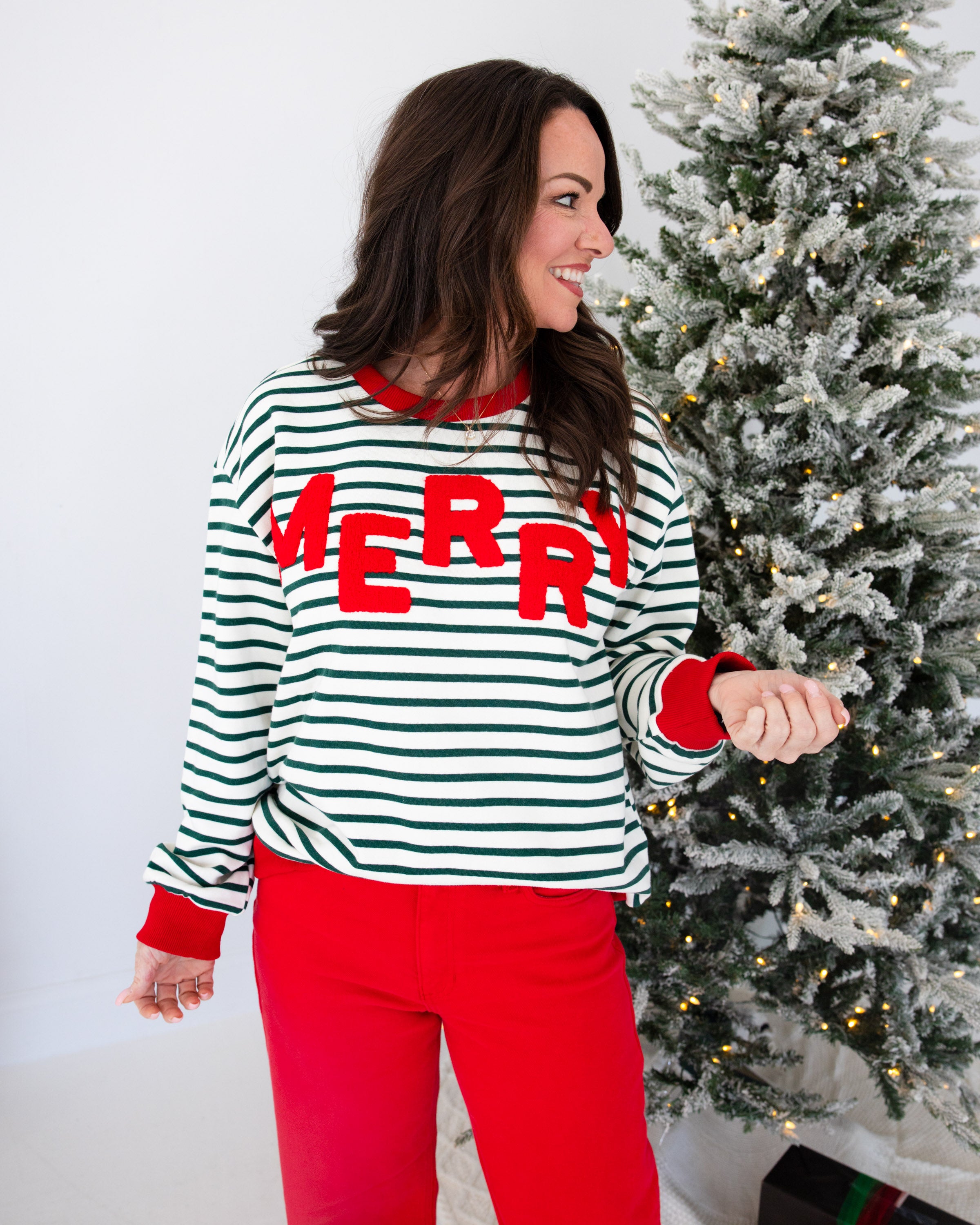 Merry Embroidered Stripe Pullover in Green