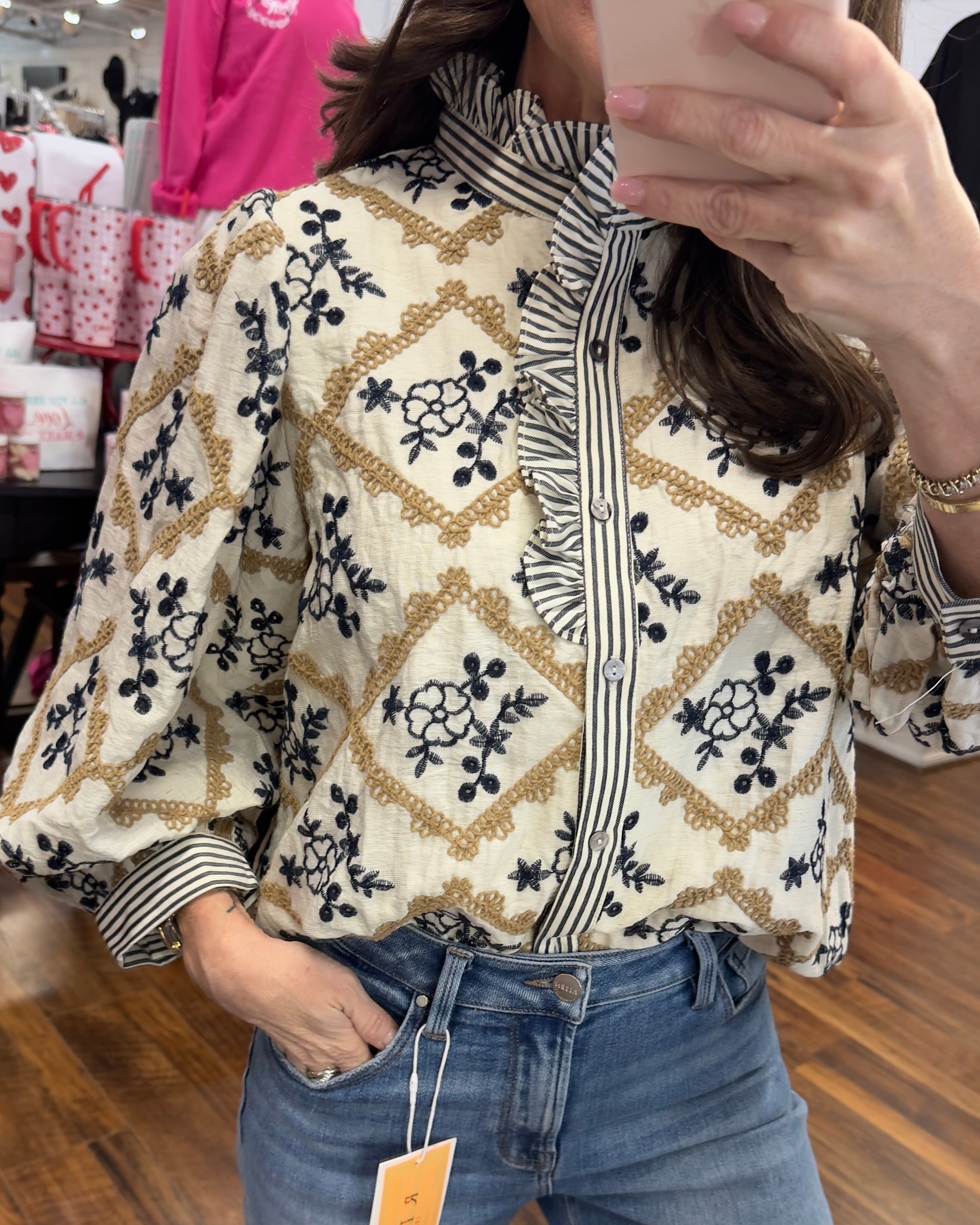 Striped Neckline Floral Detail Top