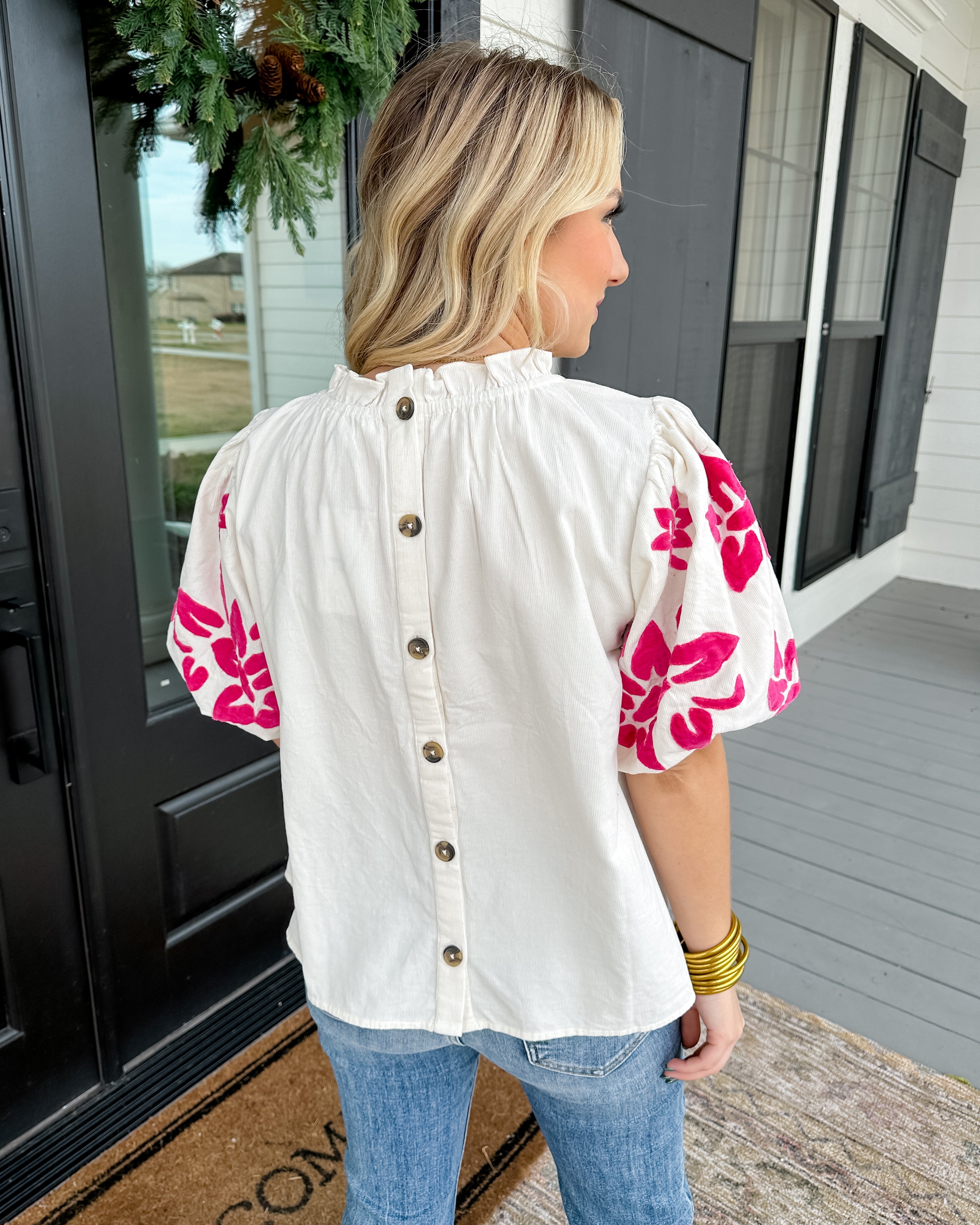 THML Corduroy Top with Embroidered Sleeve