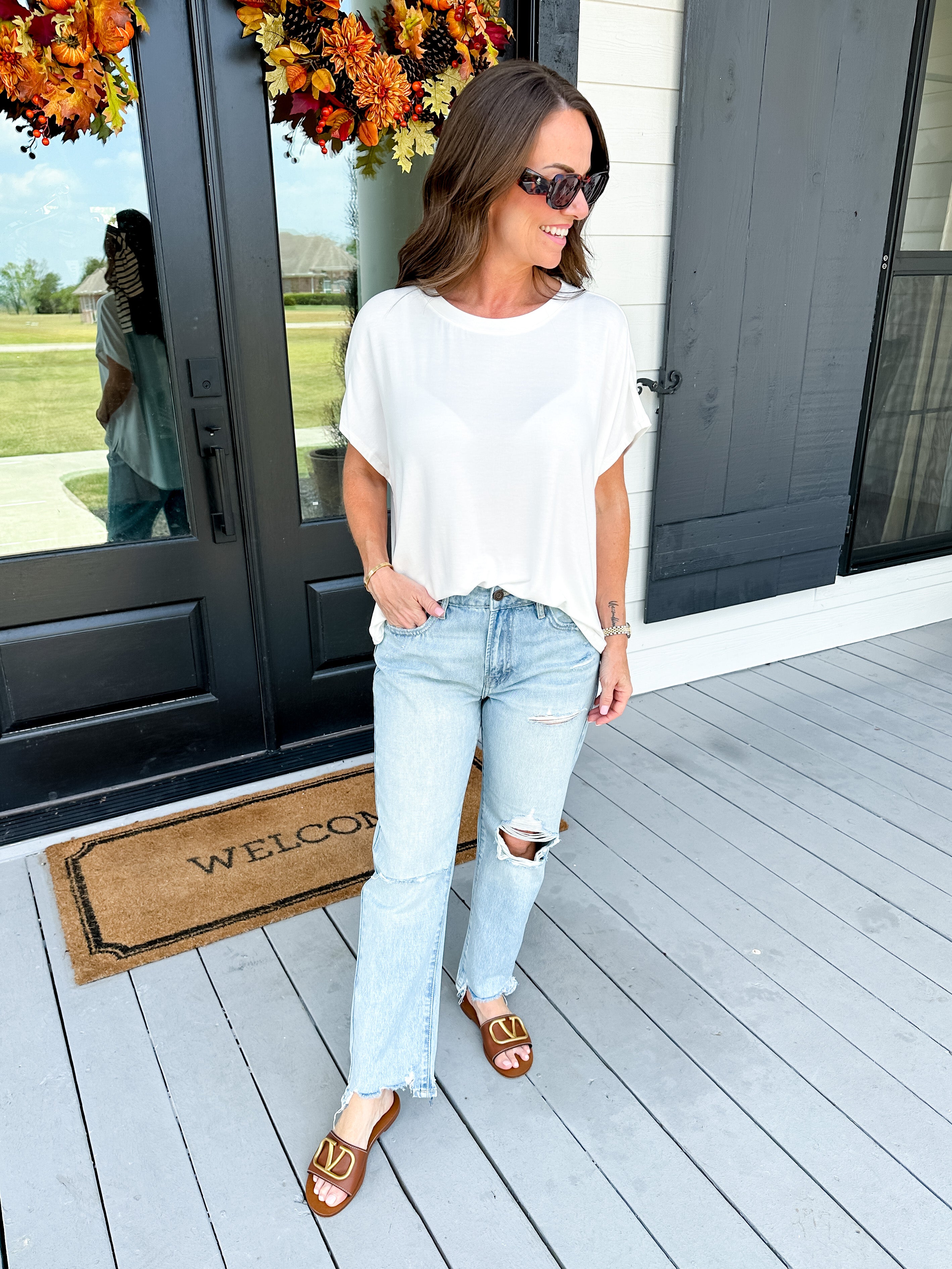 Solid Short Dolman Sleeves Top in Off White