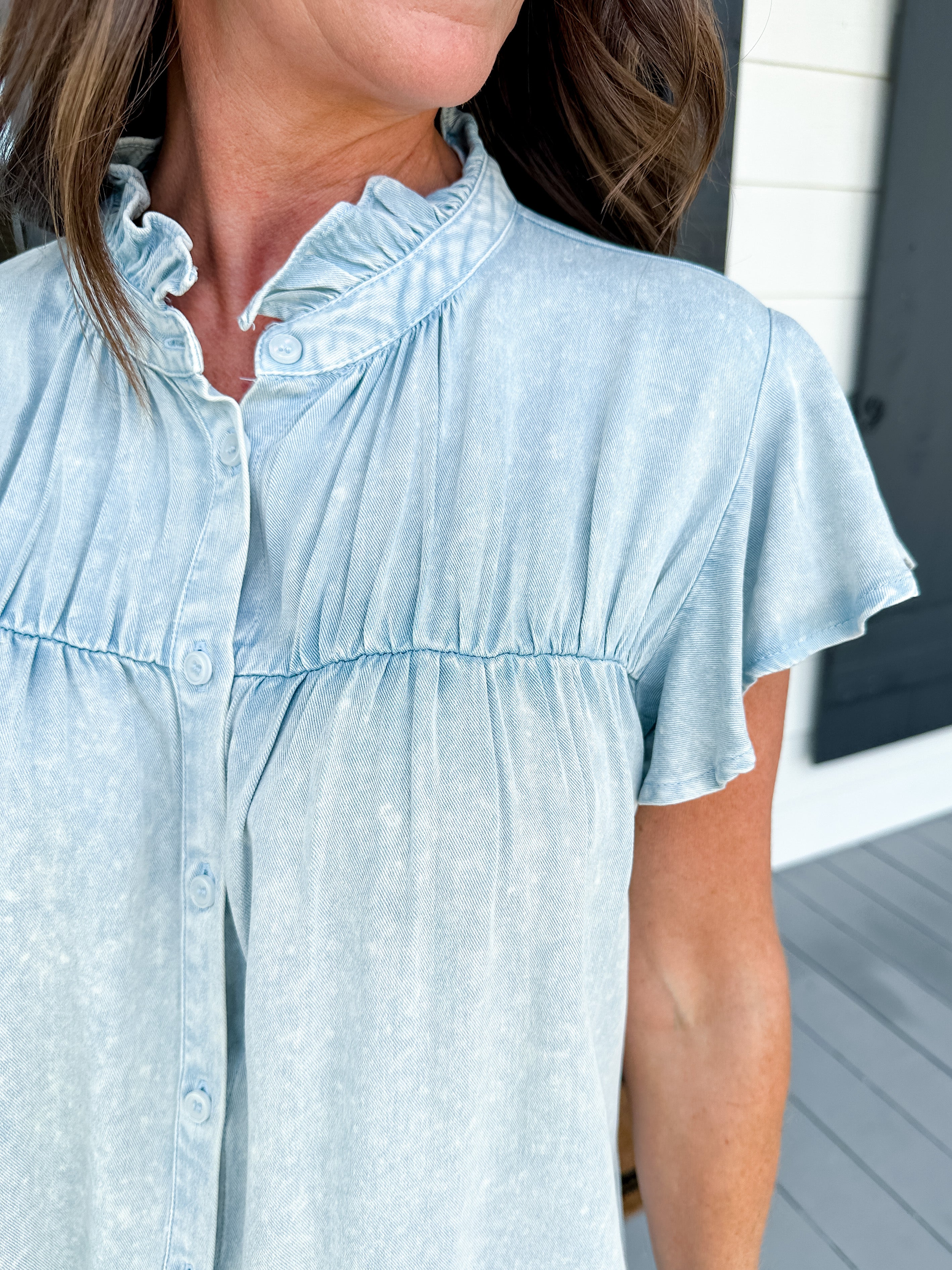 Denim Washing Solid Ruched Top