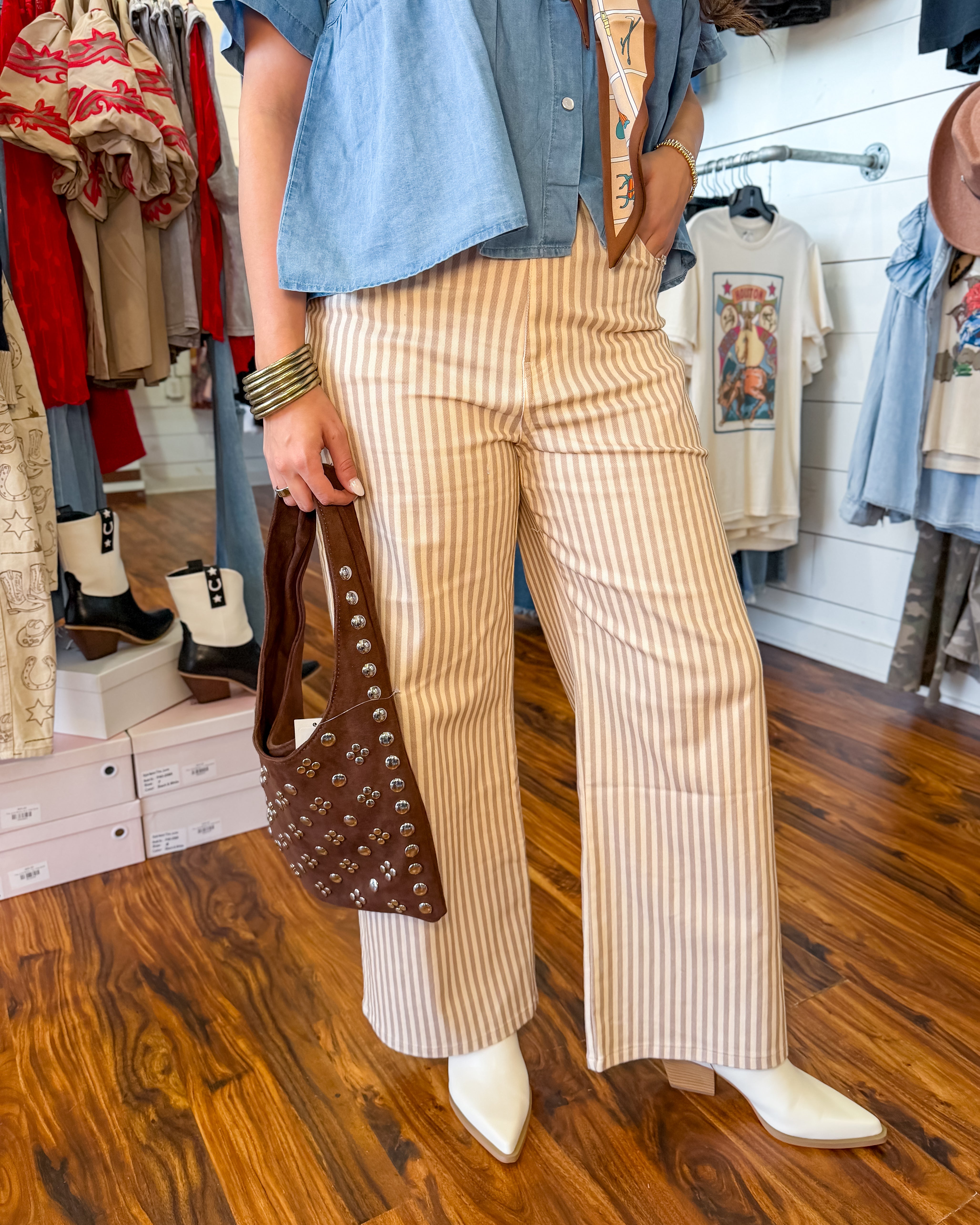 Striped Wide-Leg Pants in Tan