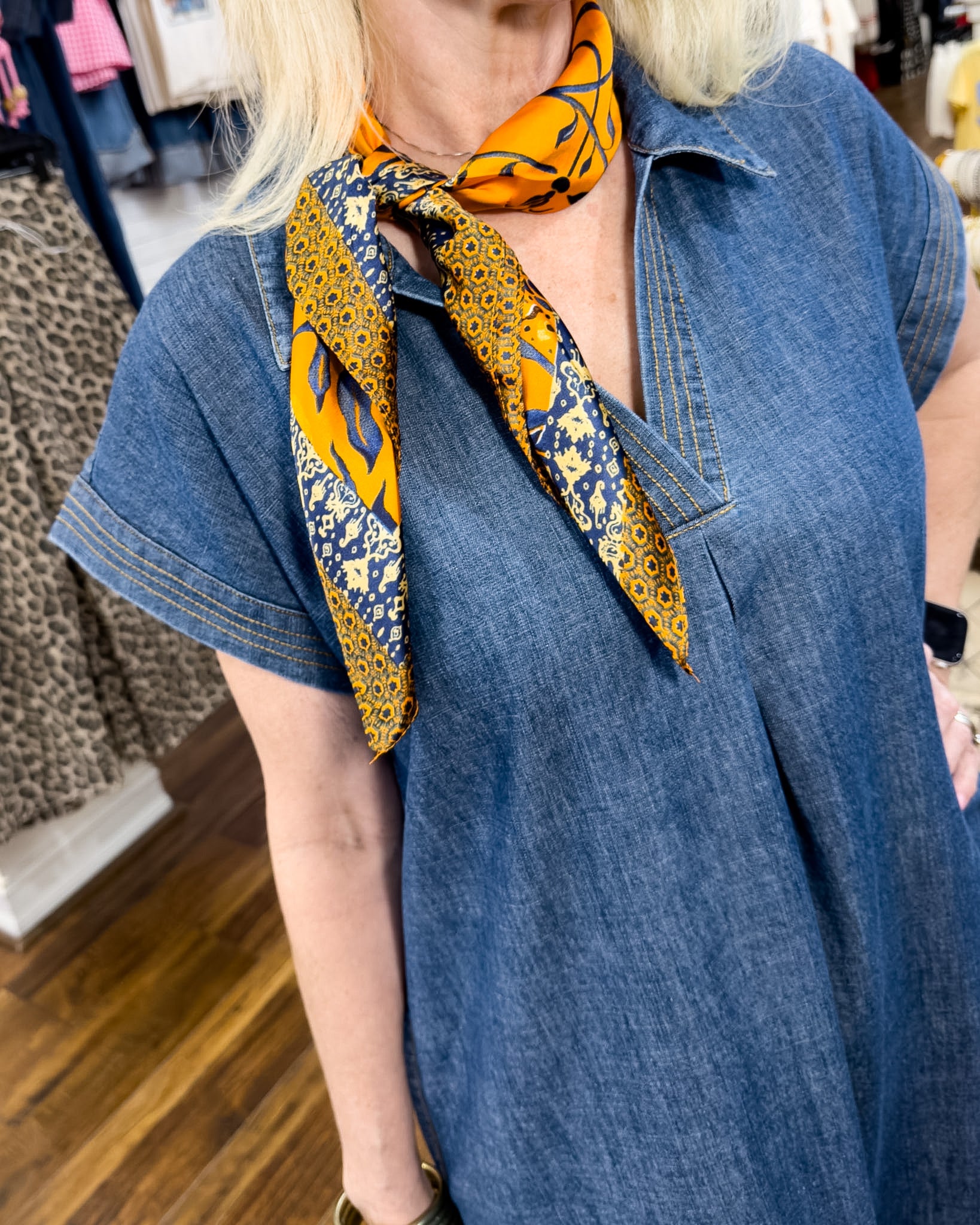 Stone Washed Collared Denim Midi Dress