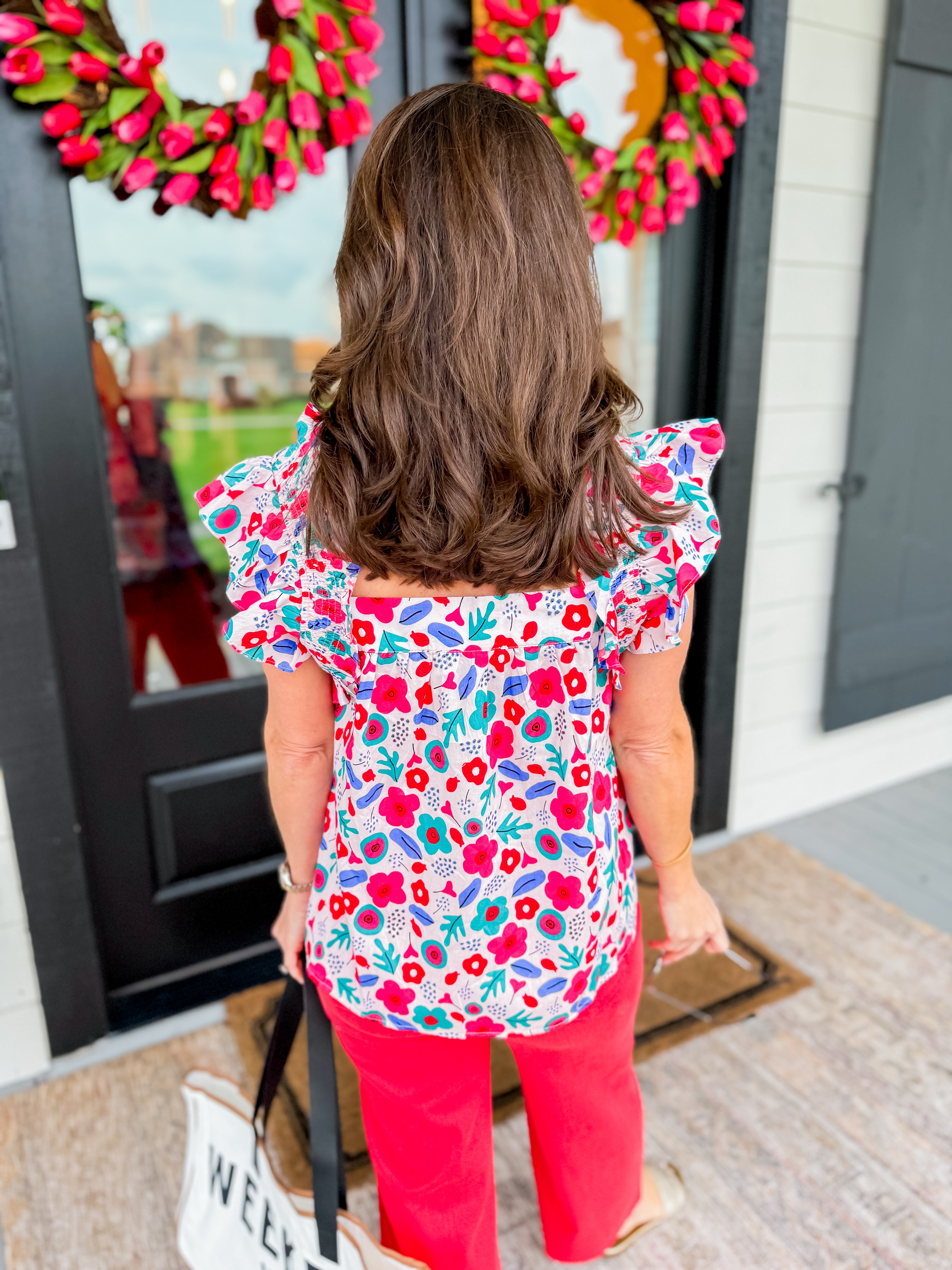 Pink/Green Floral Square Neck Top
