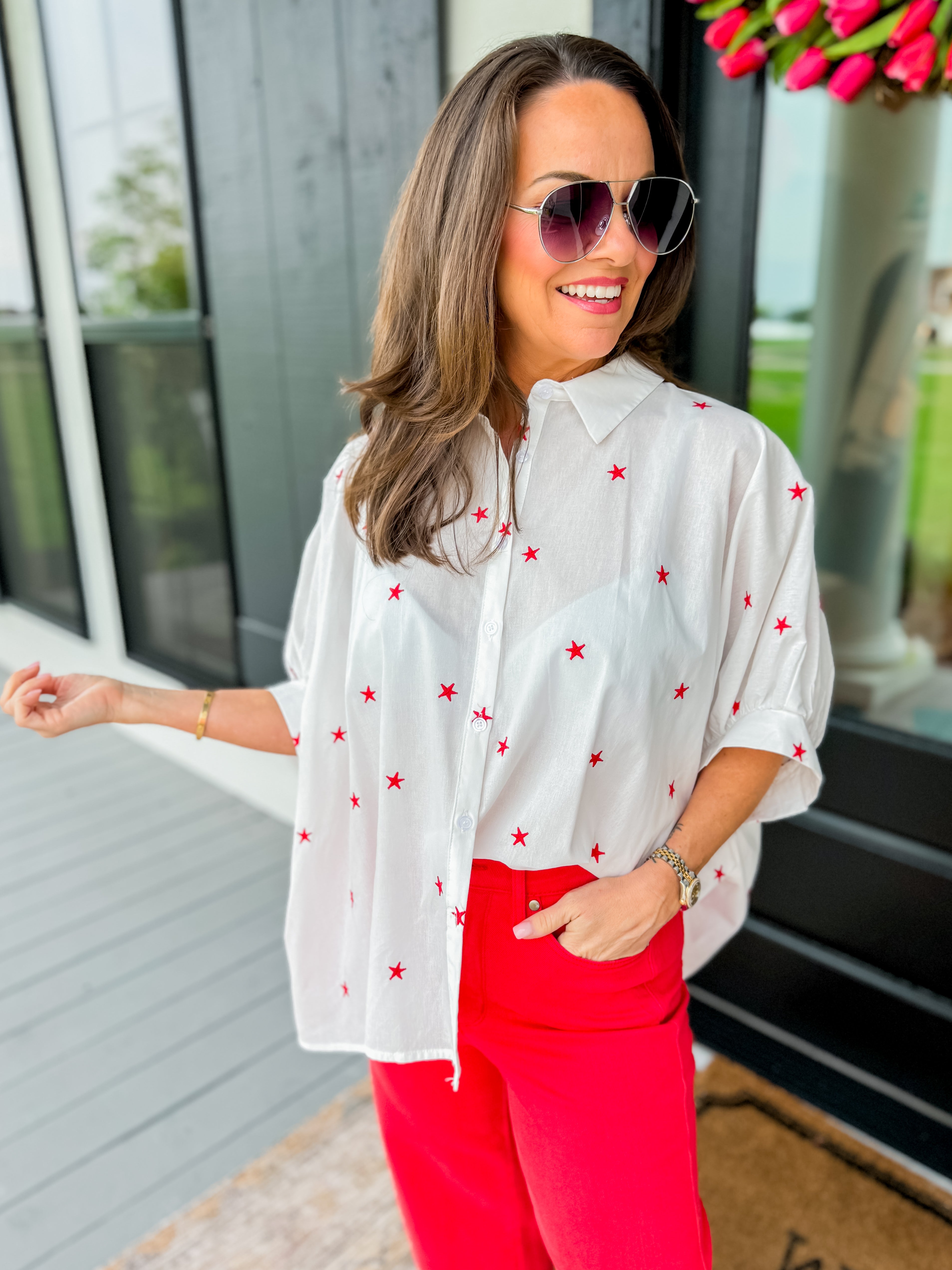 Embroidered Oversized Button Down Shirt