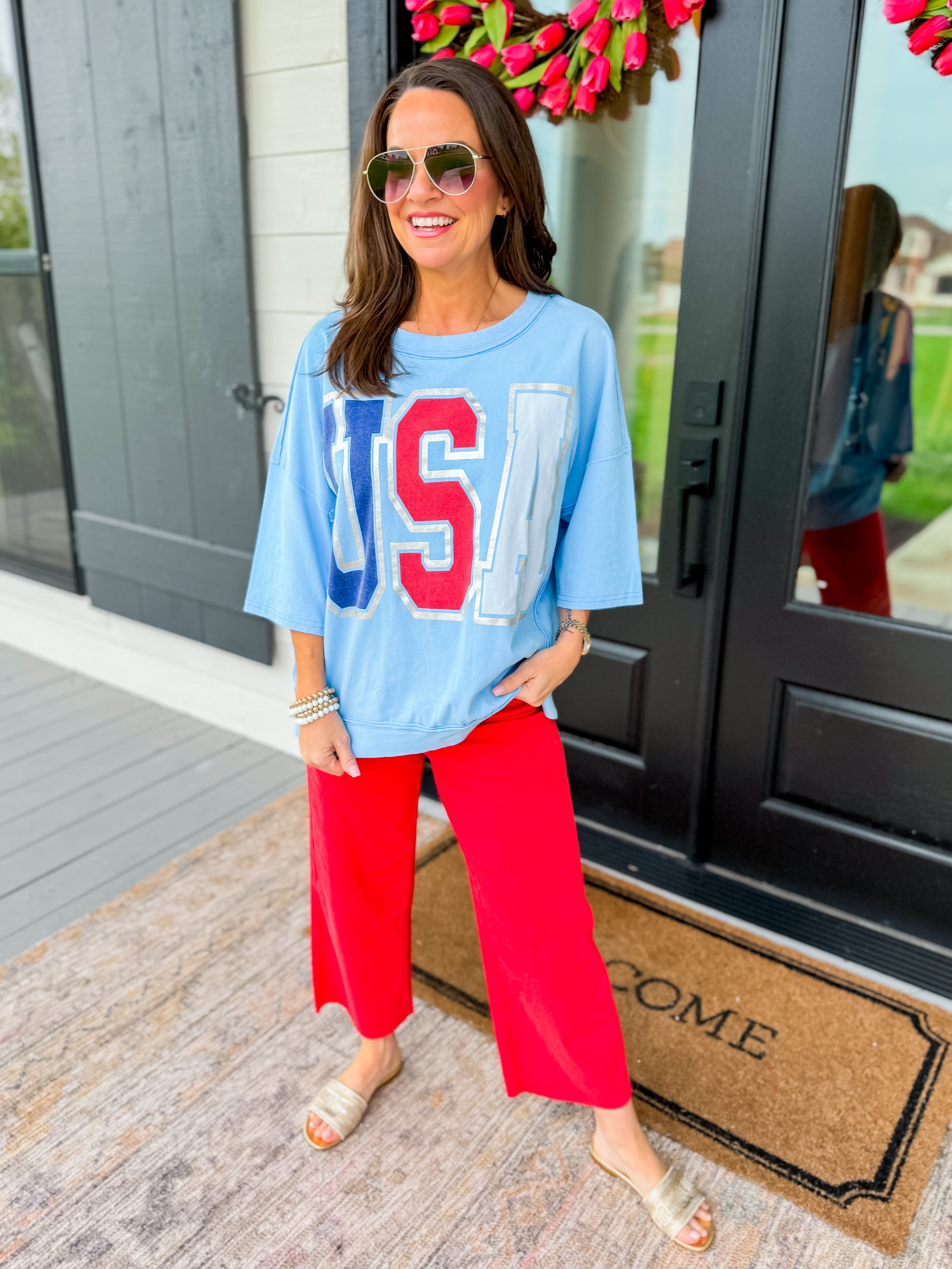 USA Graphic Oversized Top in Vintage Blue