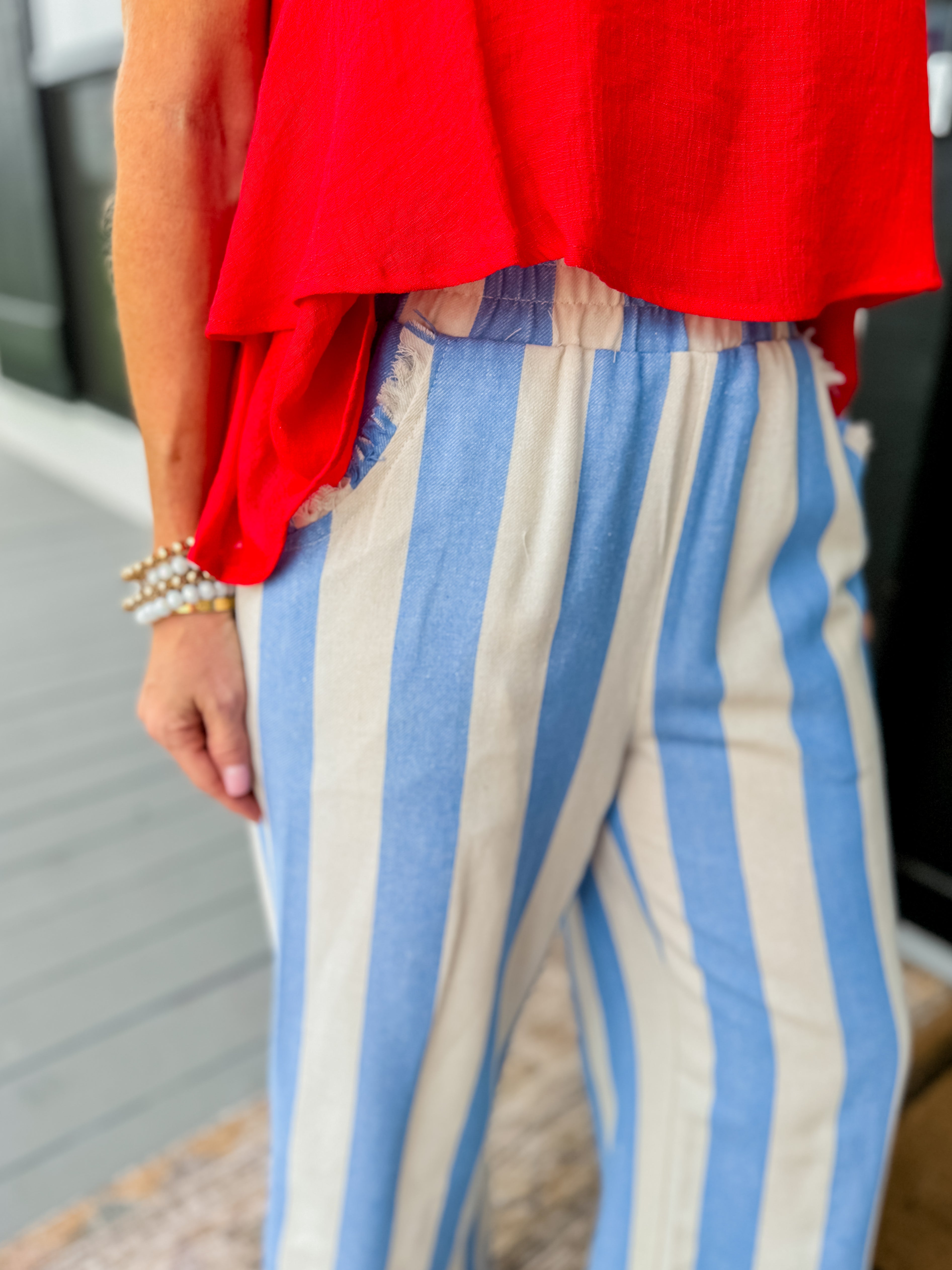 Striped Pants with Frayed Hem in Light Blue