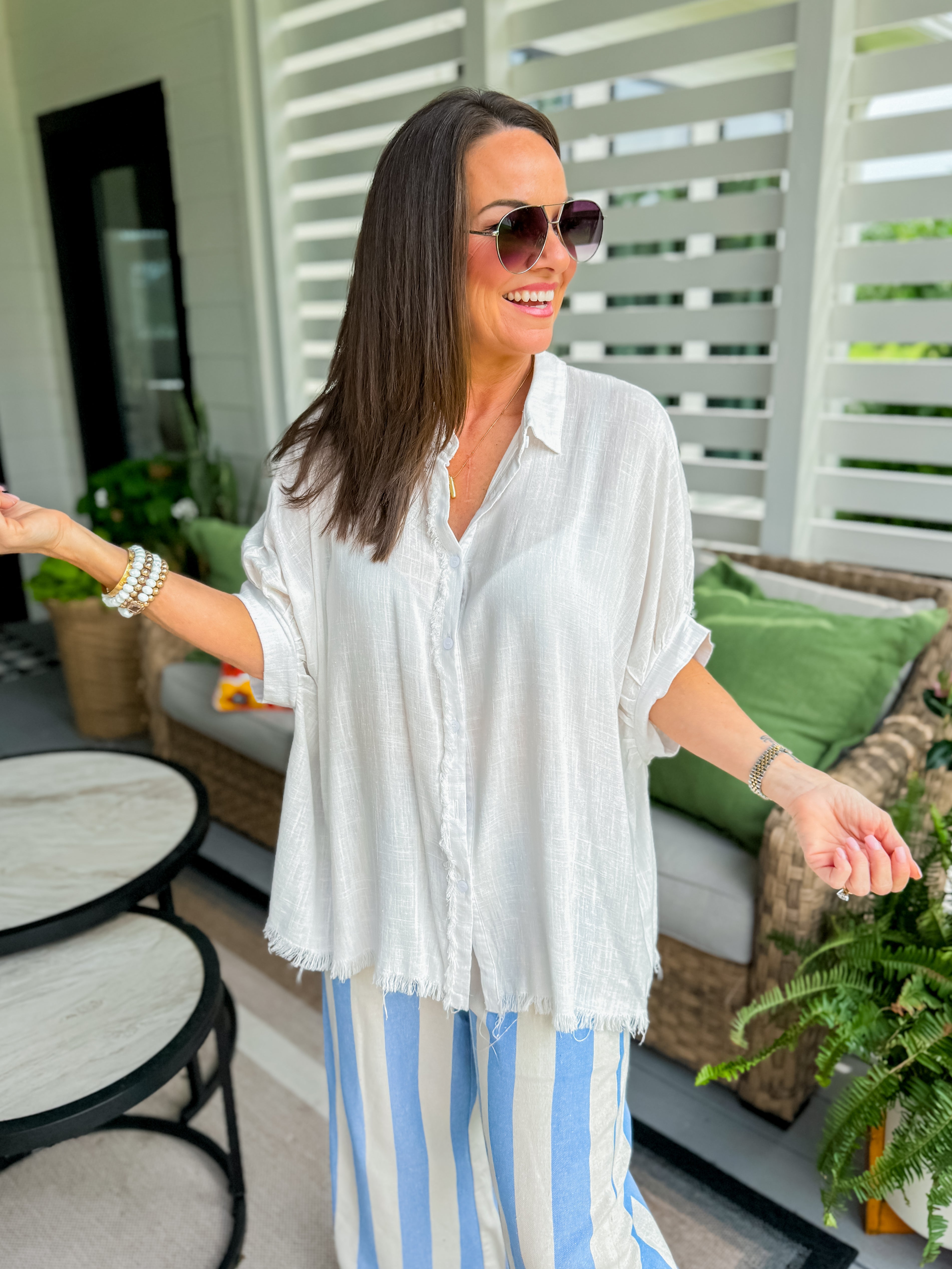 Linen Button Down Collared Top in White