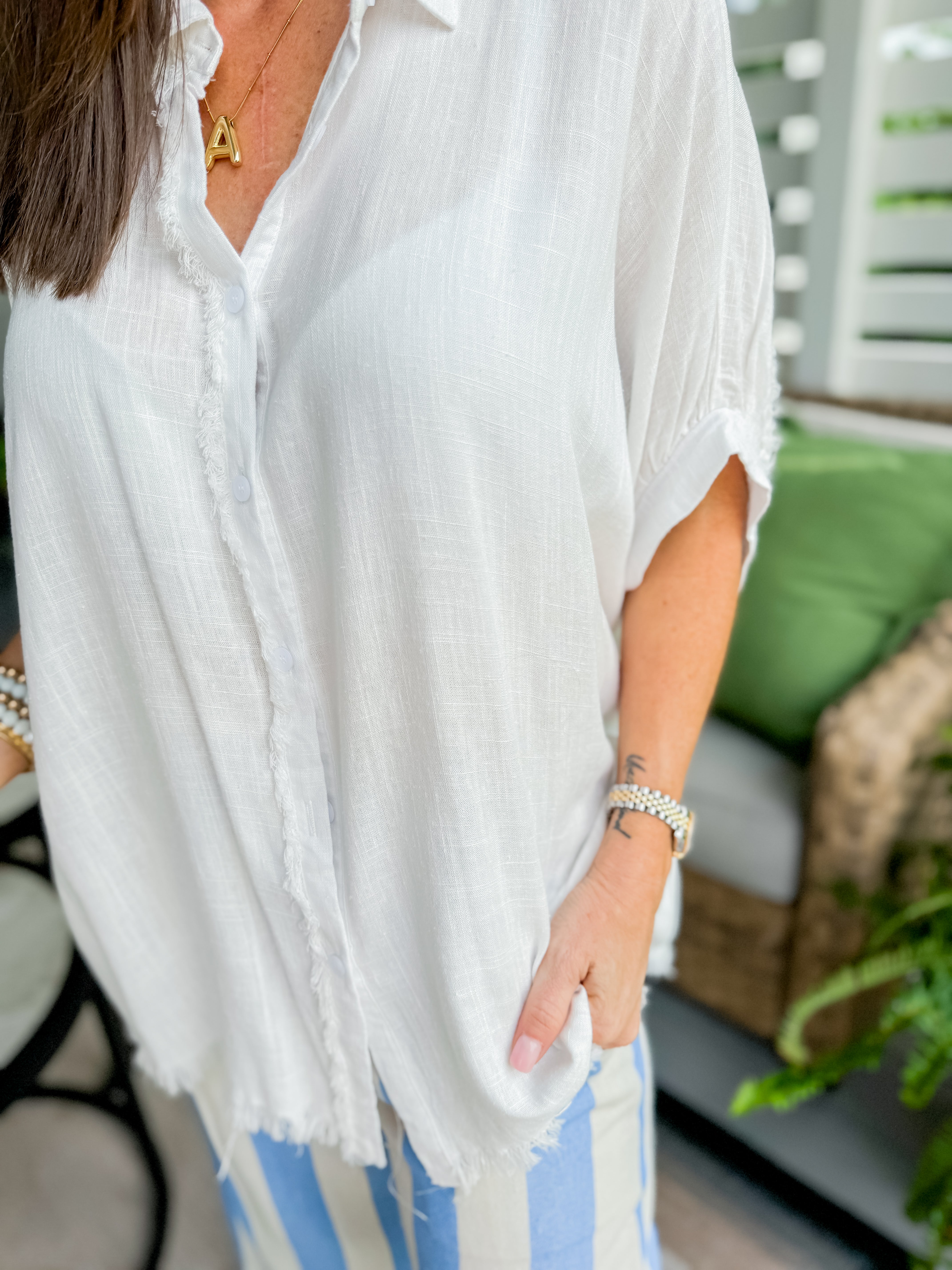 Linen Button Down Collared Top in White