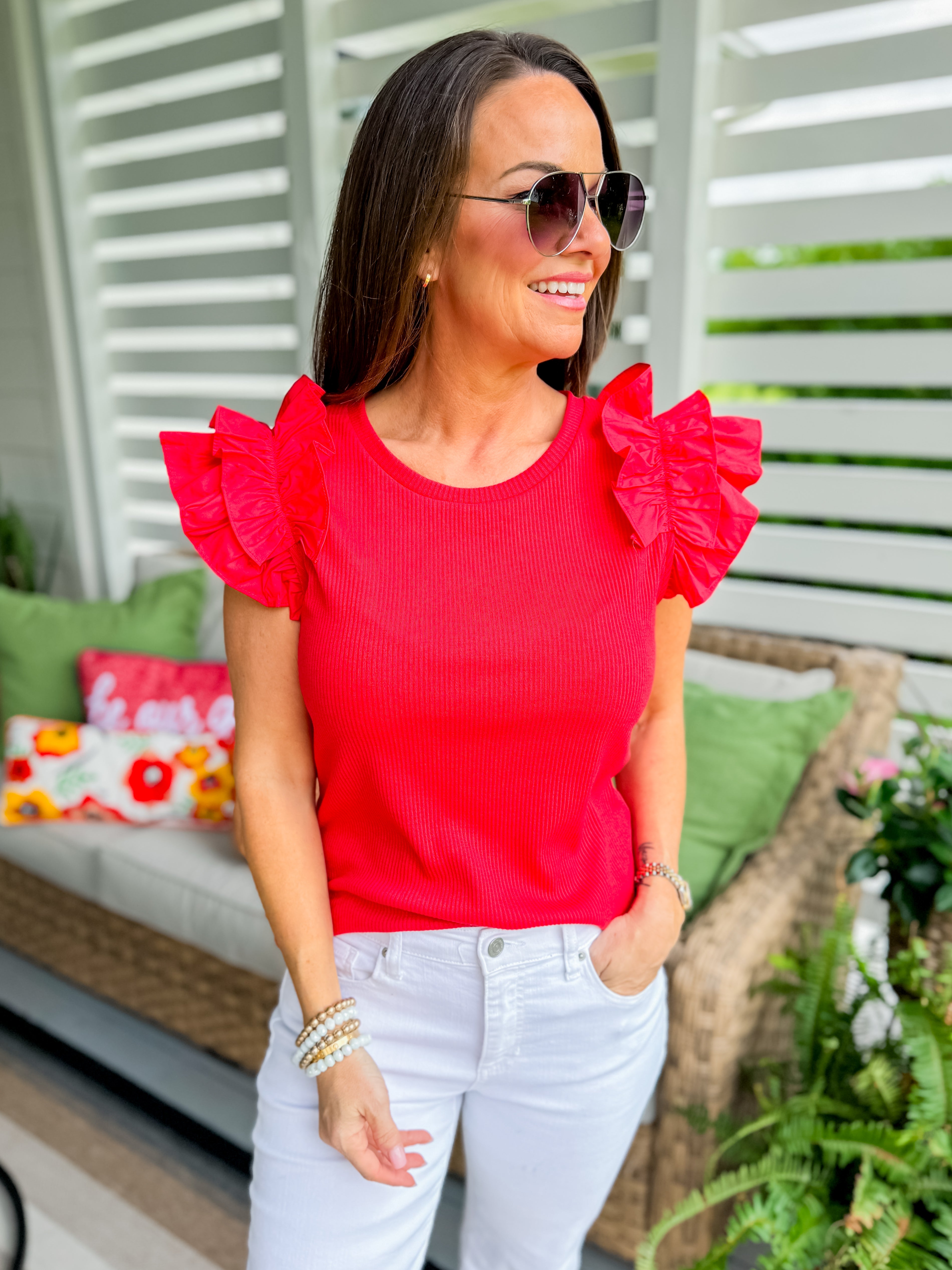 Ribbed Knit Top with Poplin Ruffle Sleeve in Cherry Red