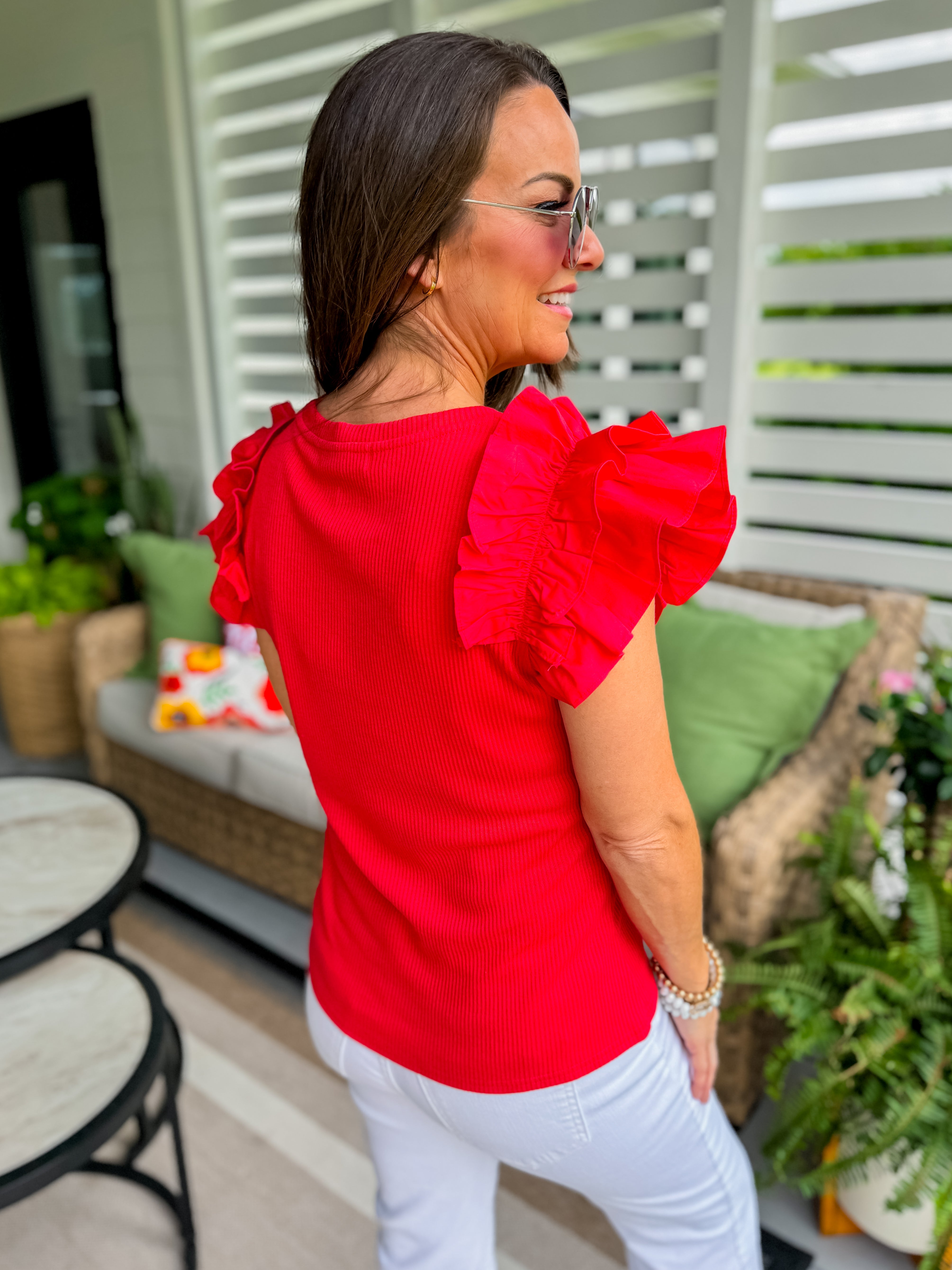 Ribbed Knit Top with Poplin Ruffle Sleeve in Cherry Red