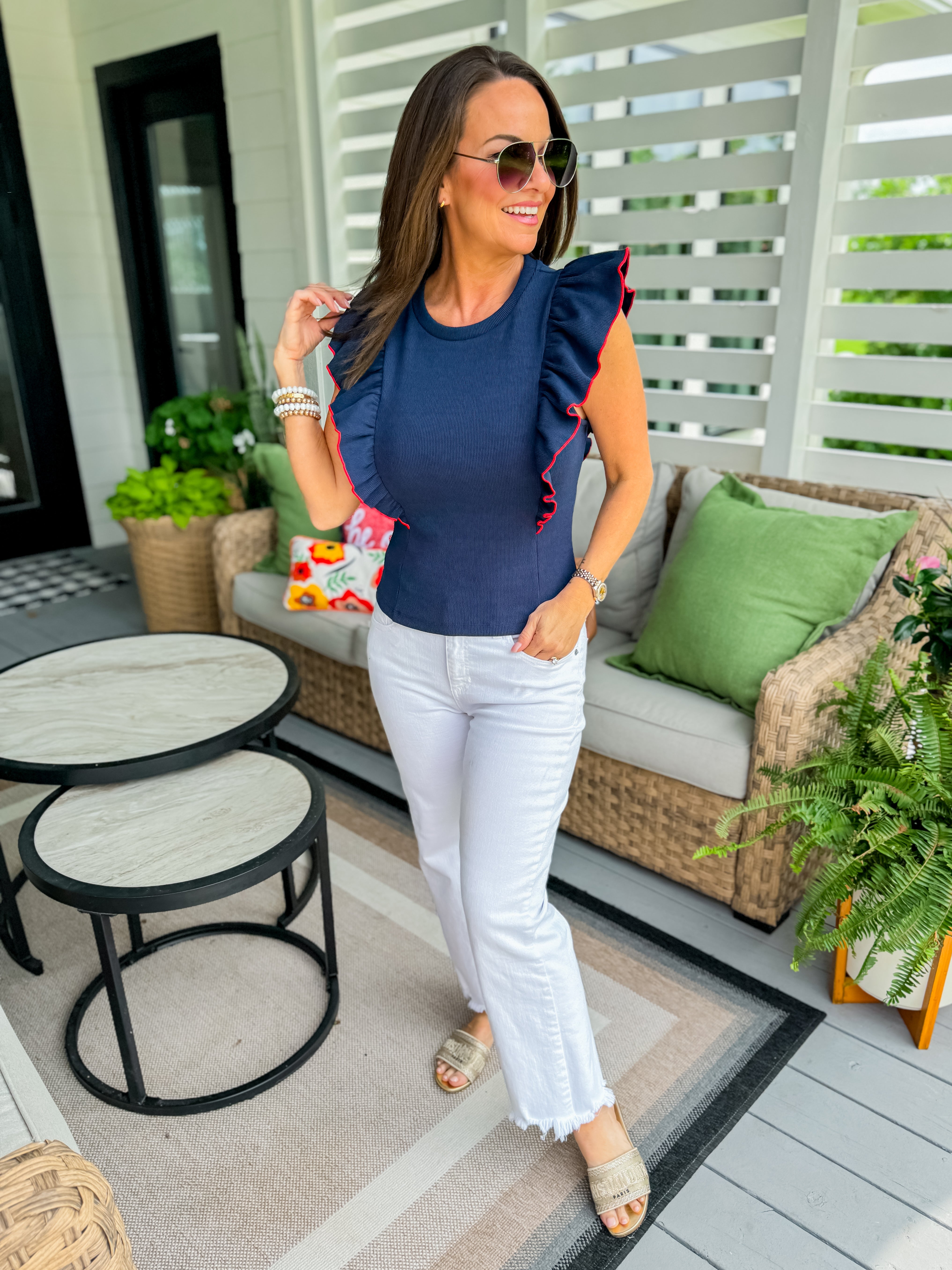 Contrast Merrow Detail Ruffled Knit Top