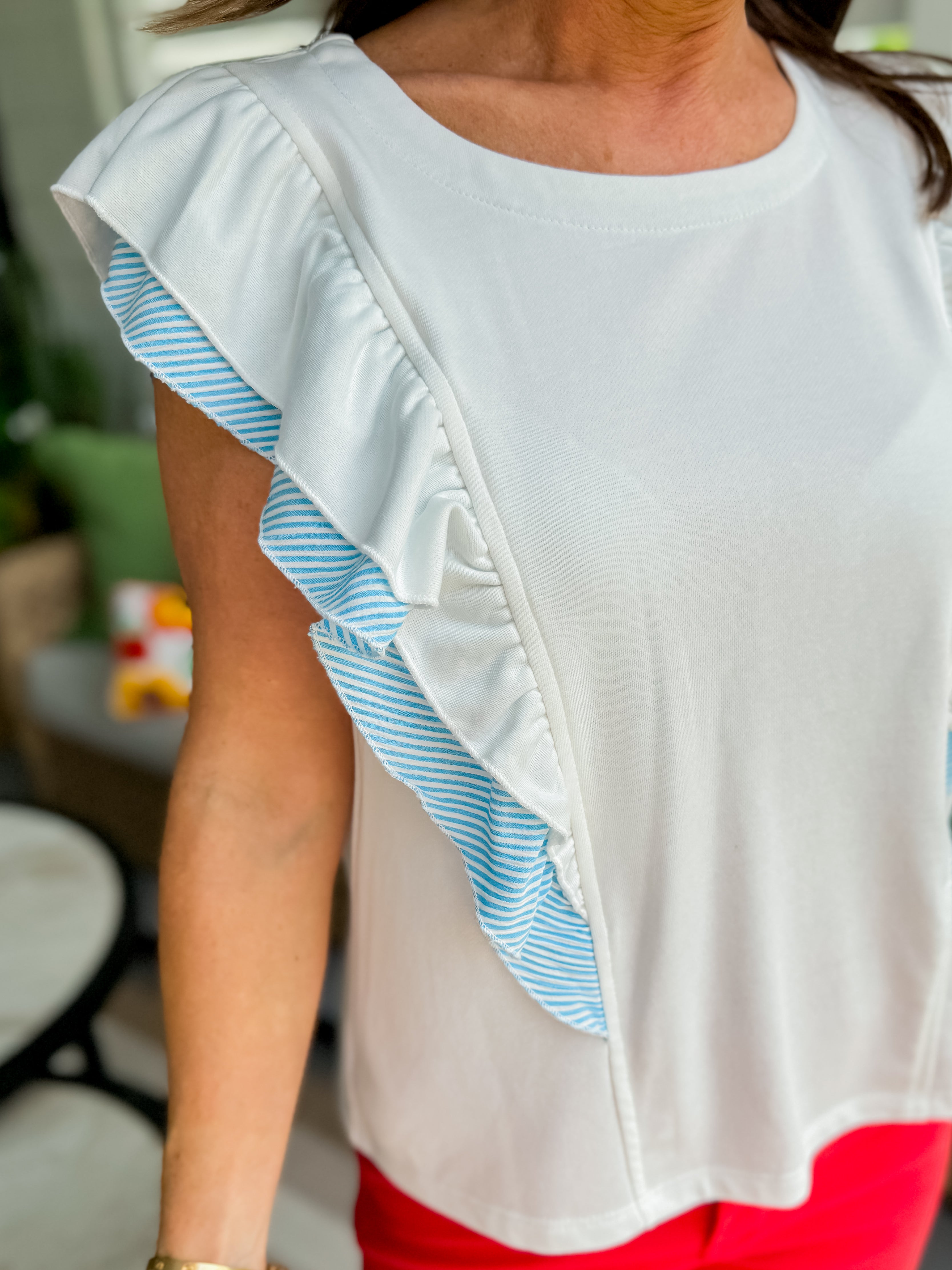 Ruffled Sleeve French Terry Top with Striped Details