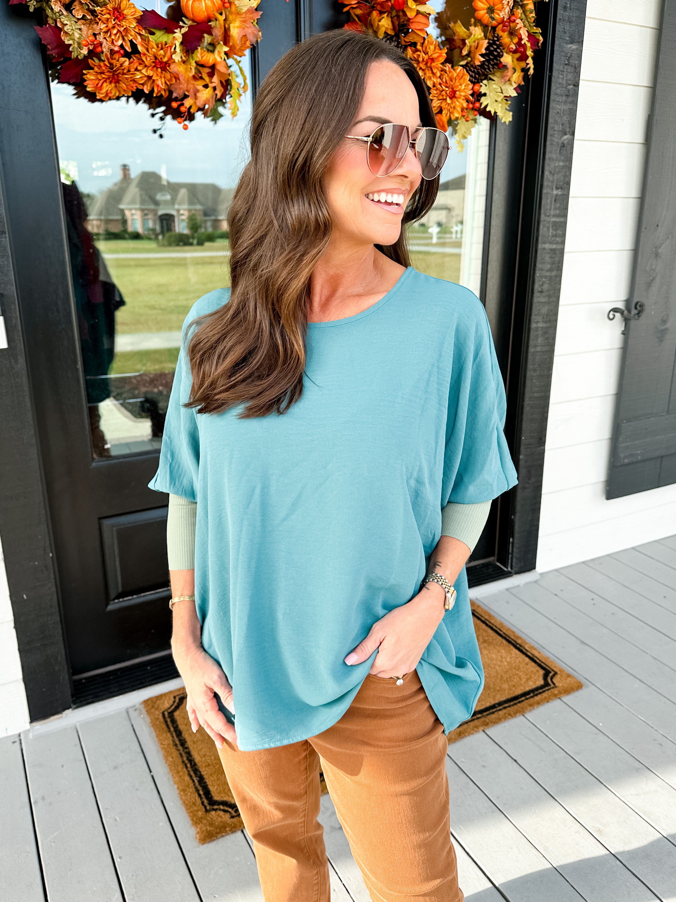 Dolman Sleeve Ribbed Top in Forest