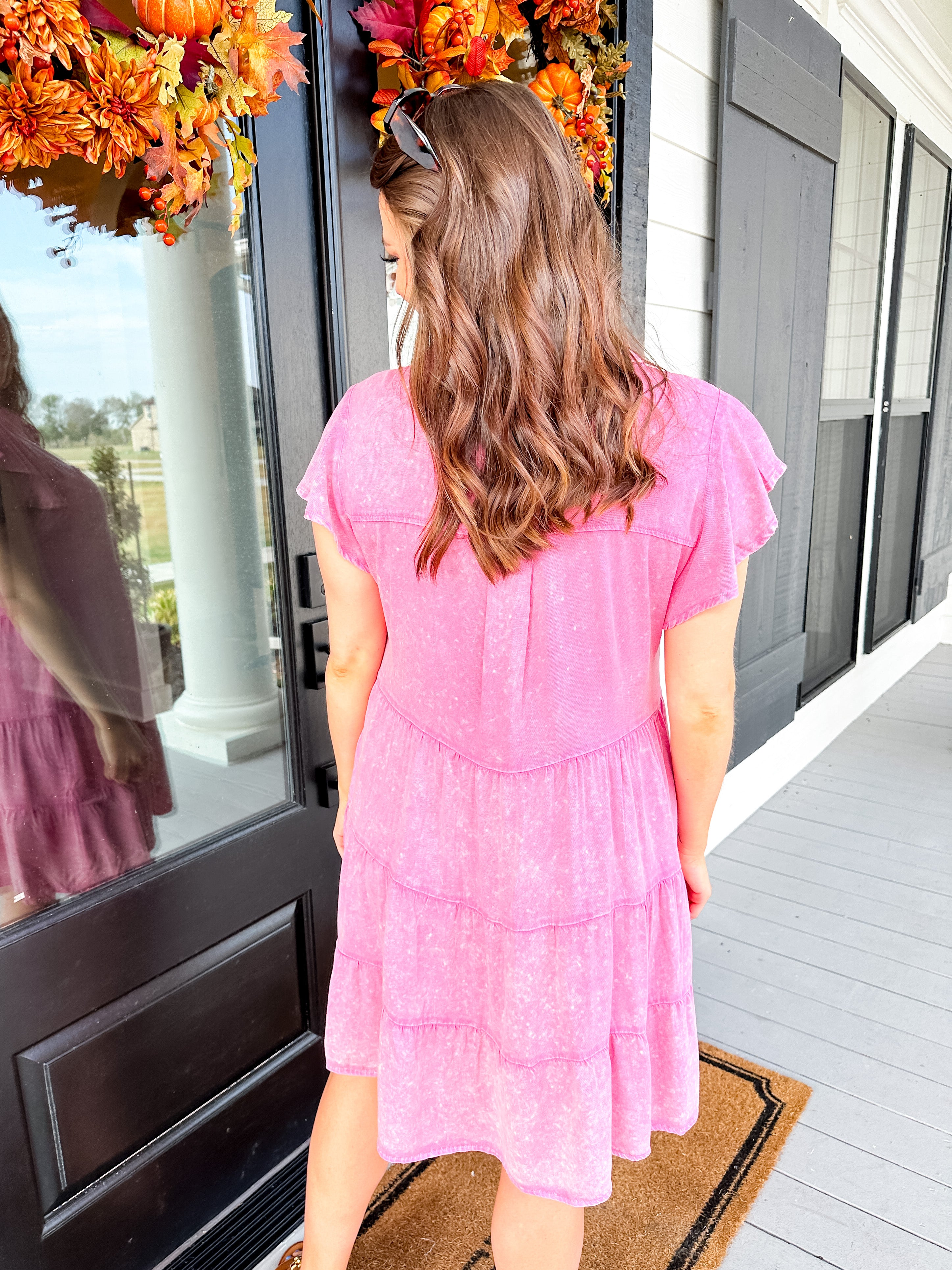 Washing Solid Tiered Mini Dress in Pink