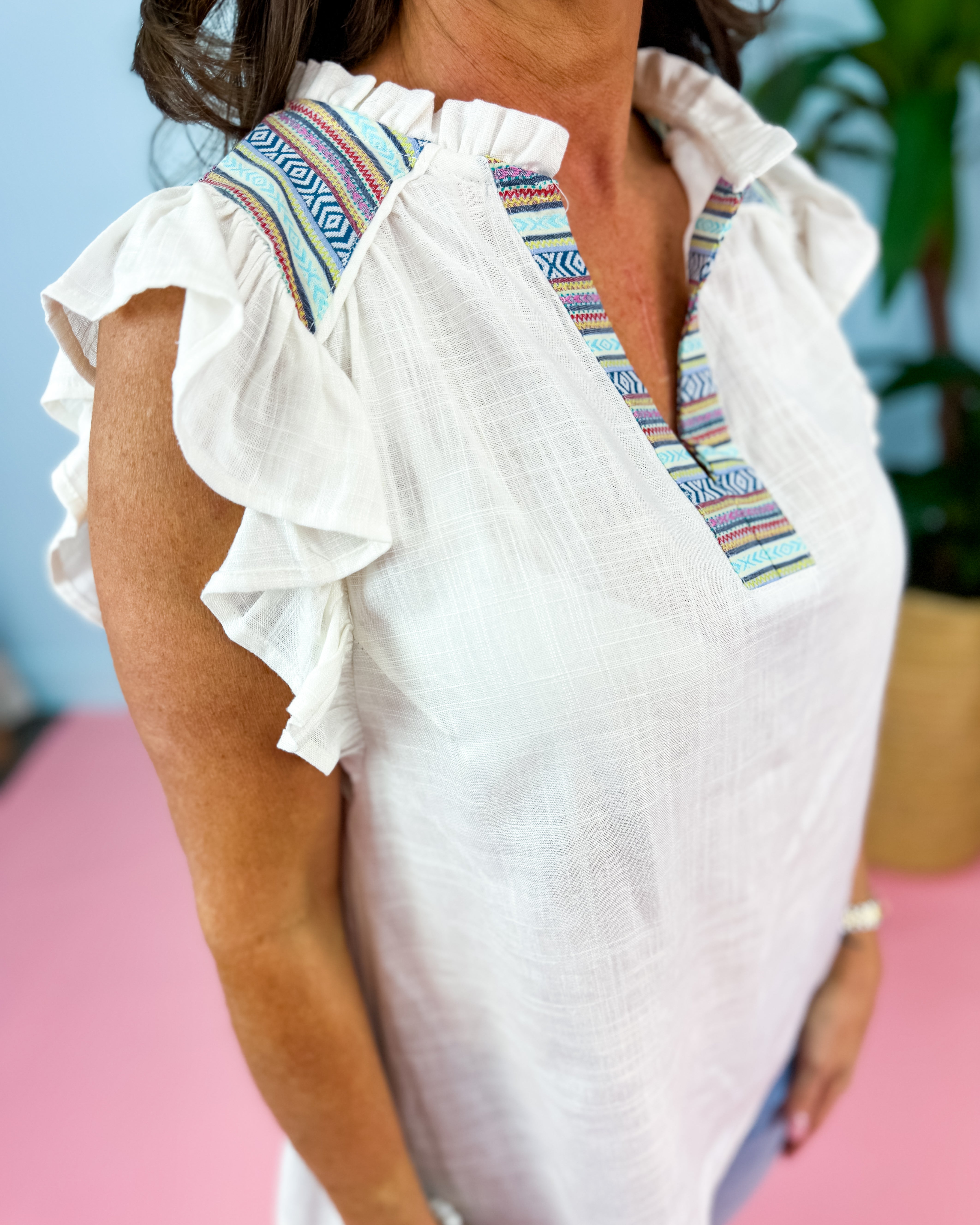Linen Blend Split Neck Top with Multi Color Trim & Flutter Sleeves in Off White