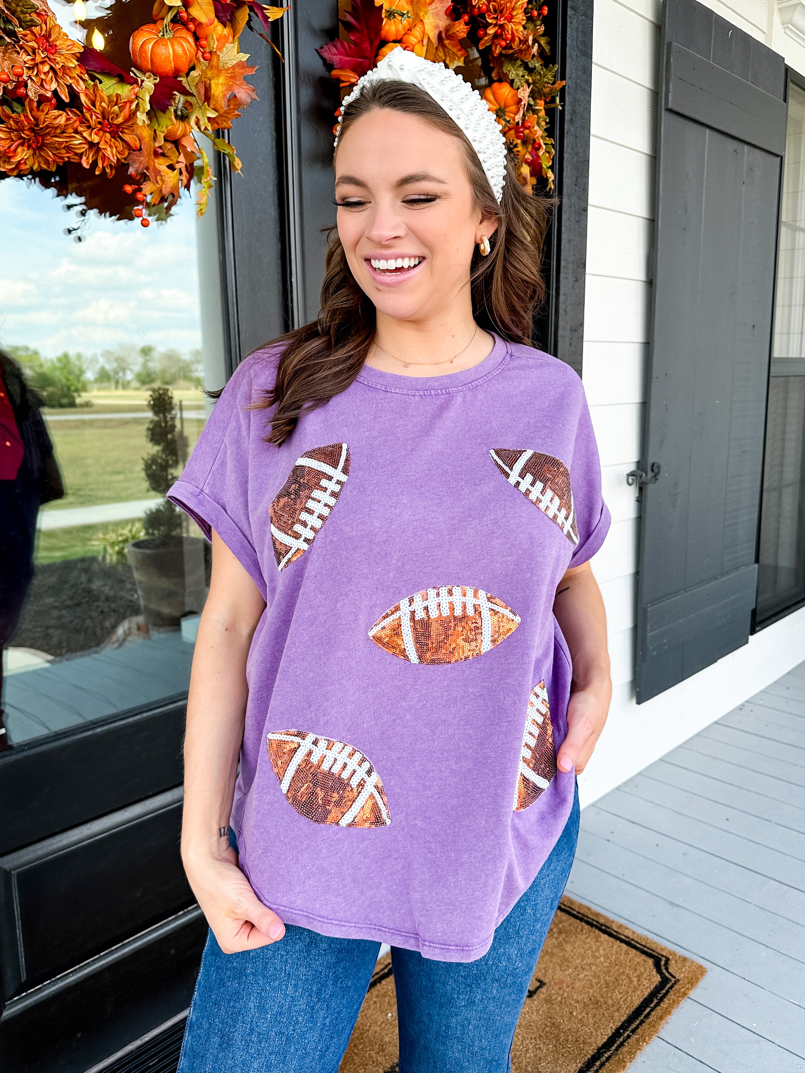 Glitter Football Graphic Tee in Violet