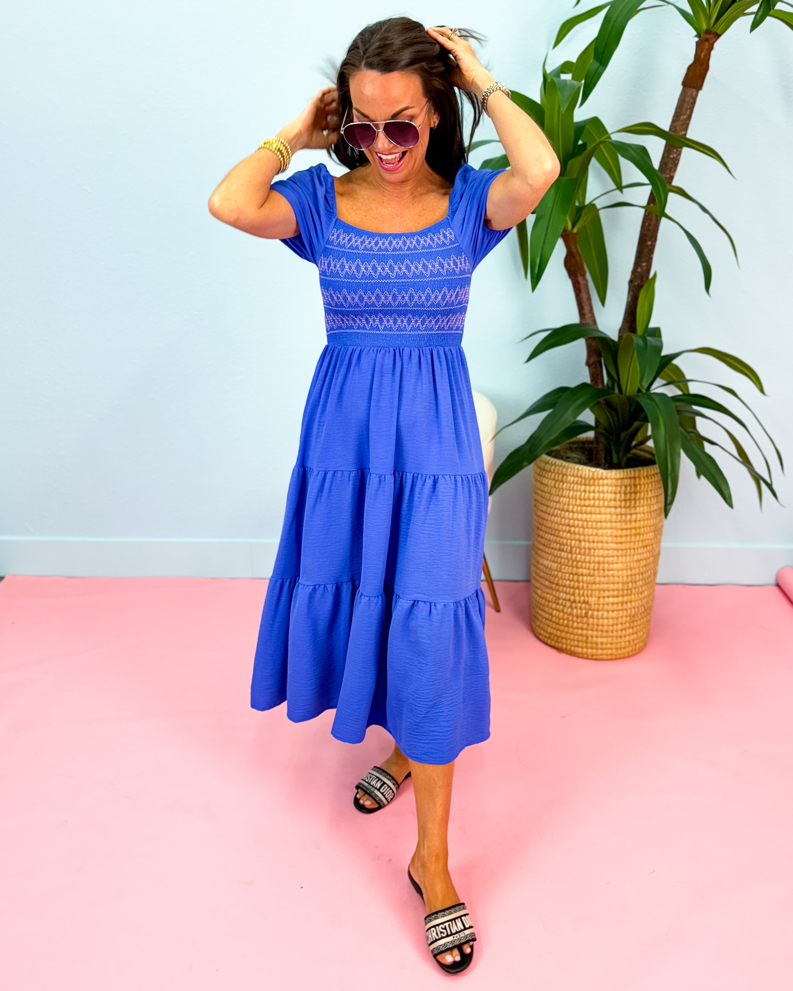 Short Sleeve Square Neck Smock Tiered Midi Dress in Blue