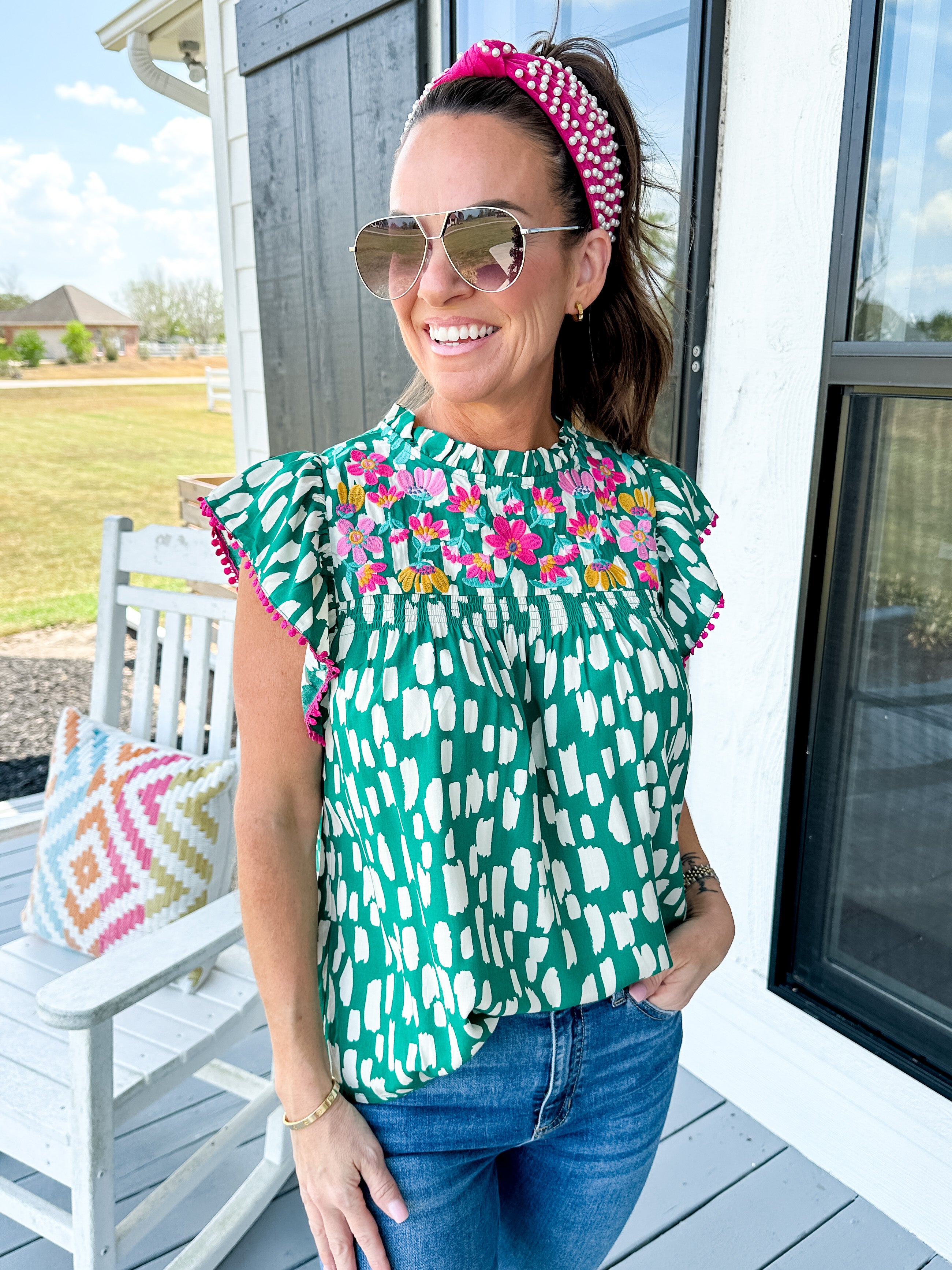 Embroidered Flutter Sleeve Print Top
