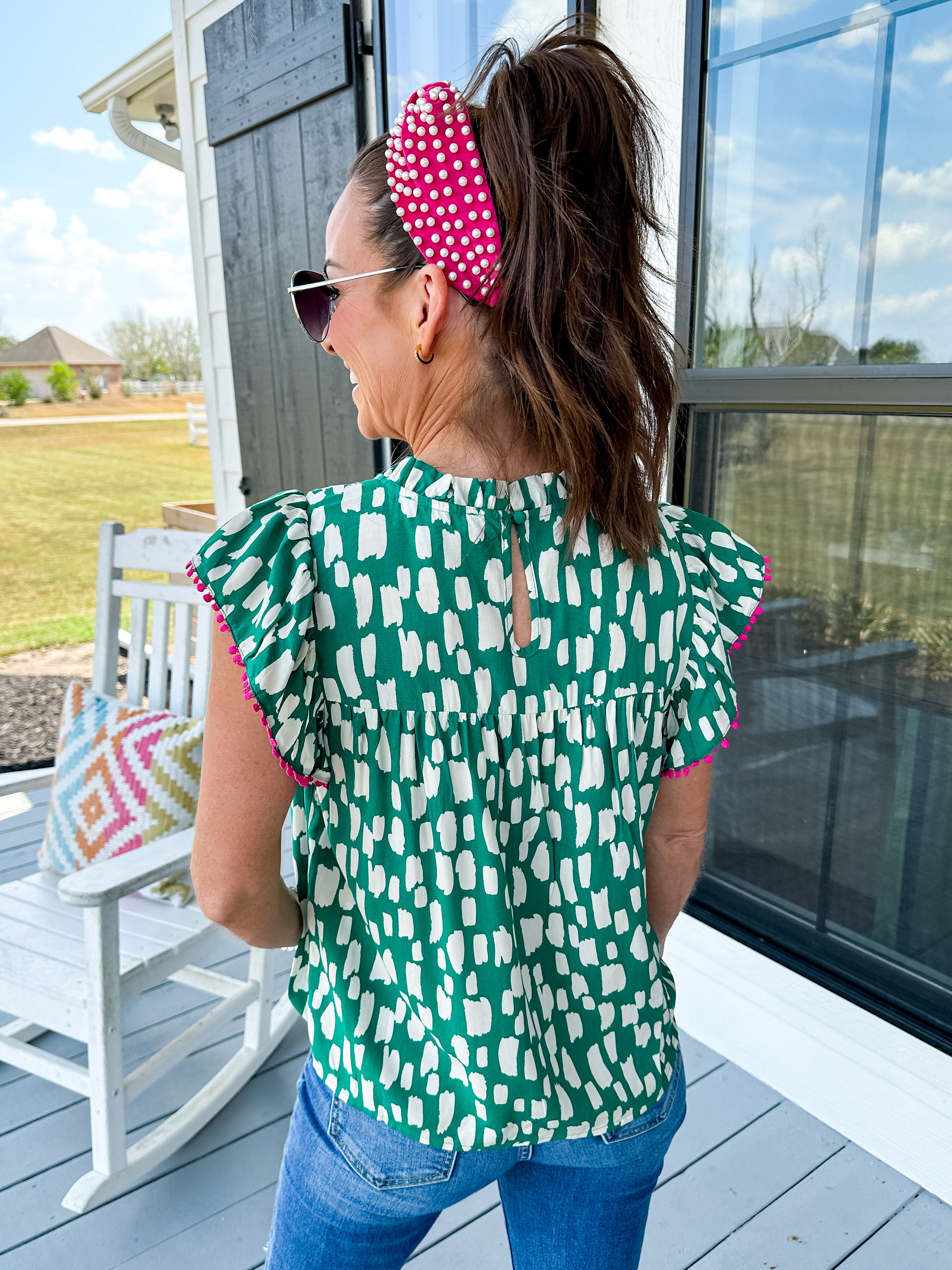 Embroidered Flutter Sleeve Print Top