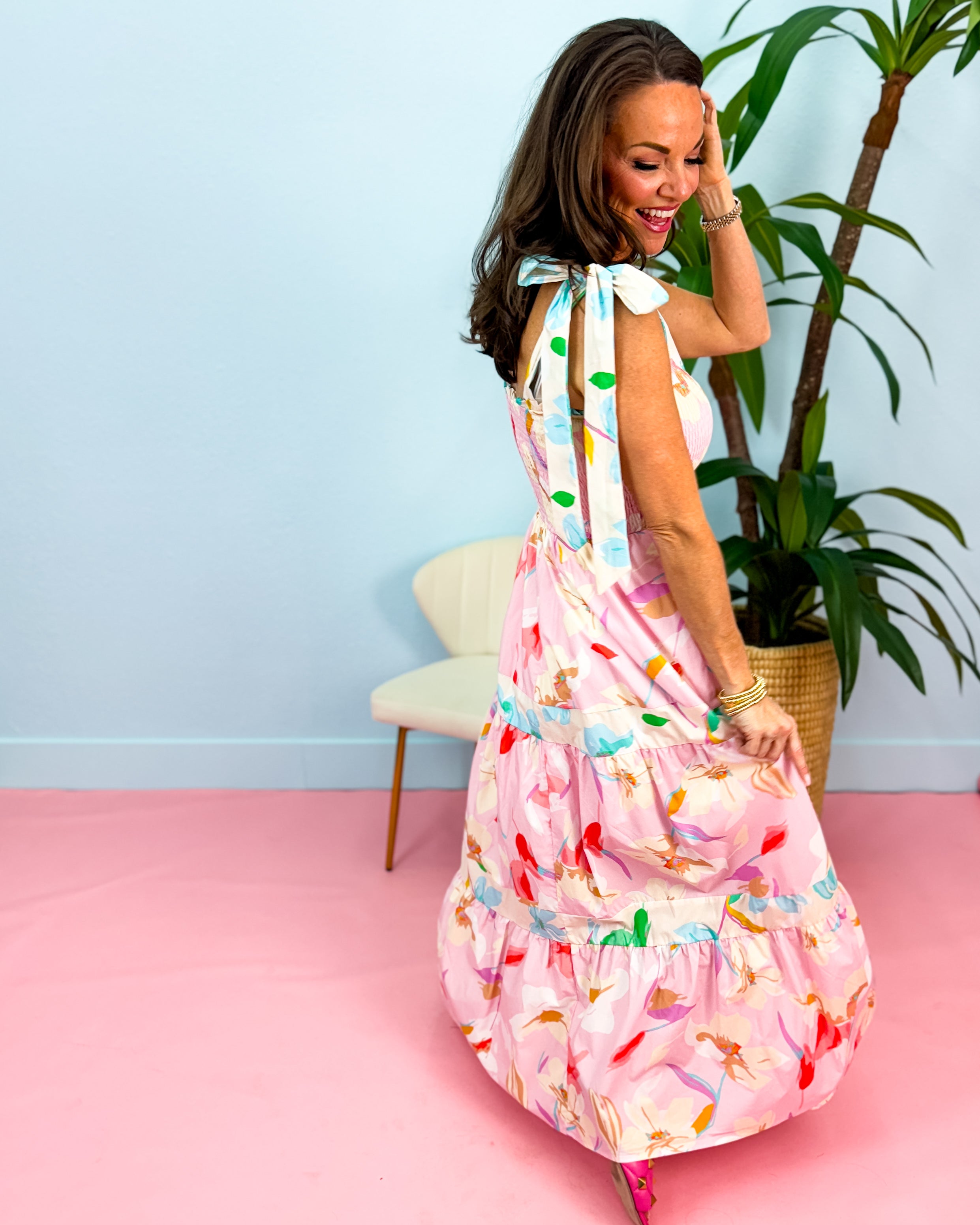 Pink Floral Print Smocked Maxi Dress