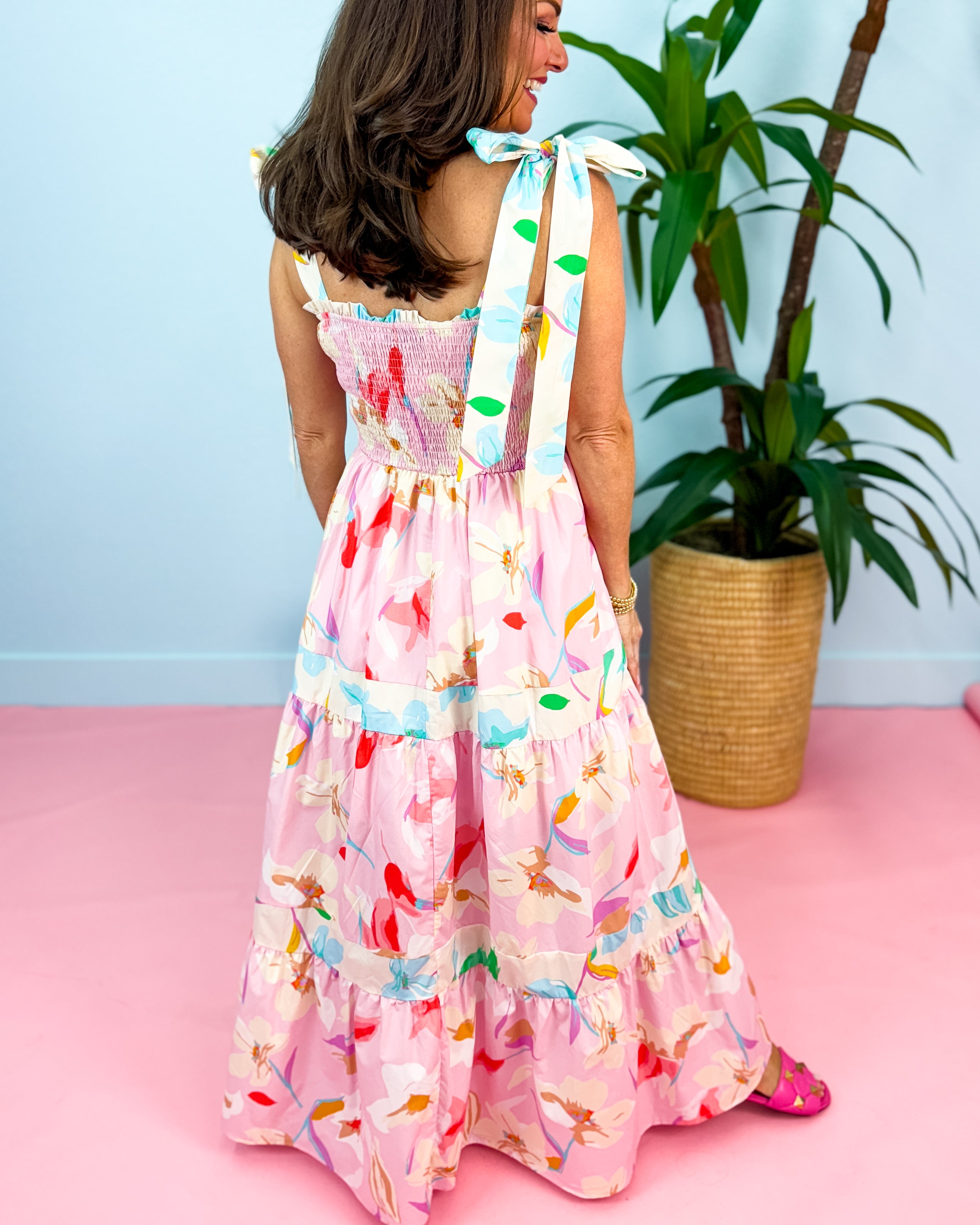 Pink Floral Print Smocked Maxi Dress
