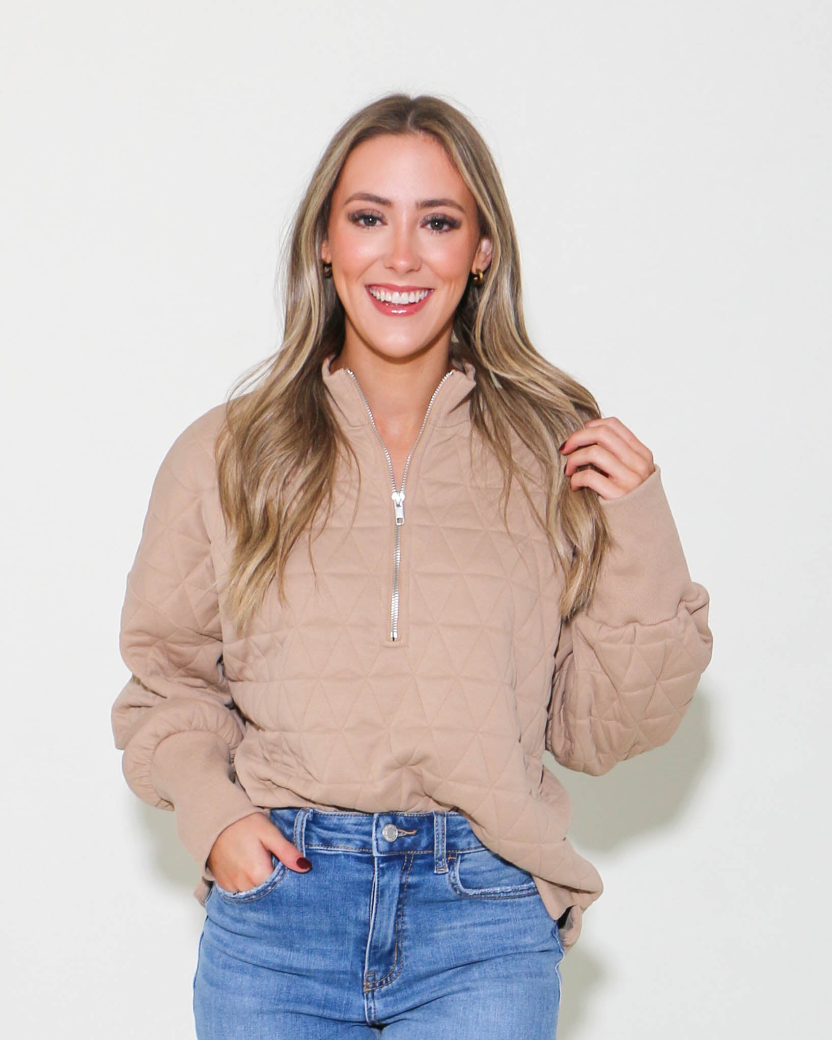 Textured Half Zip-Up Pullover in Taupe