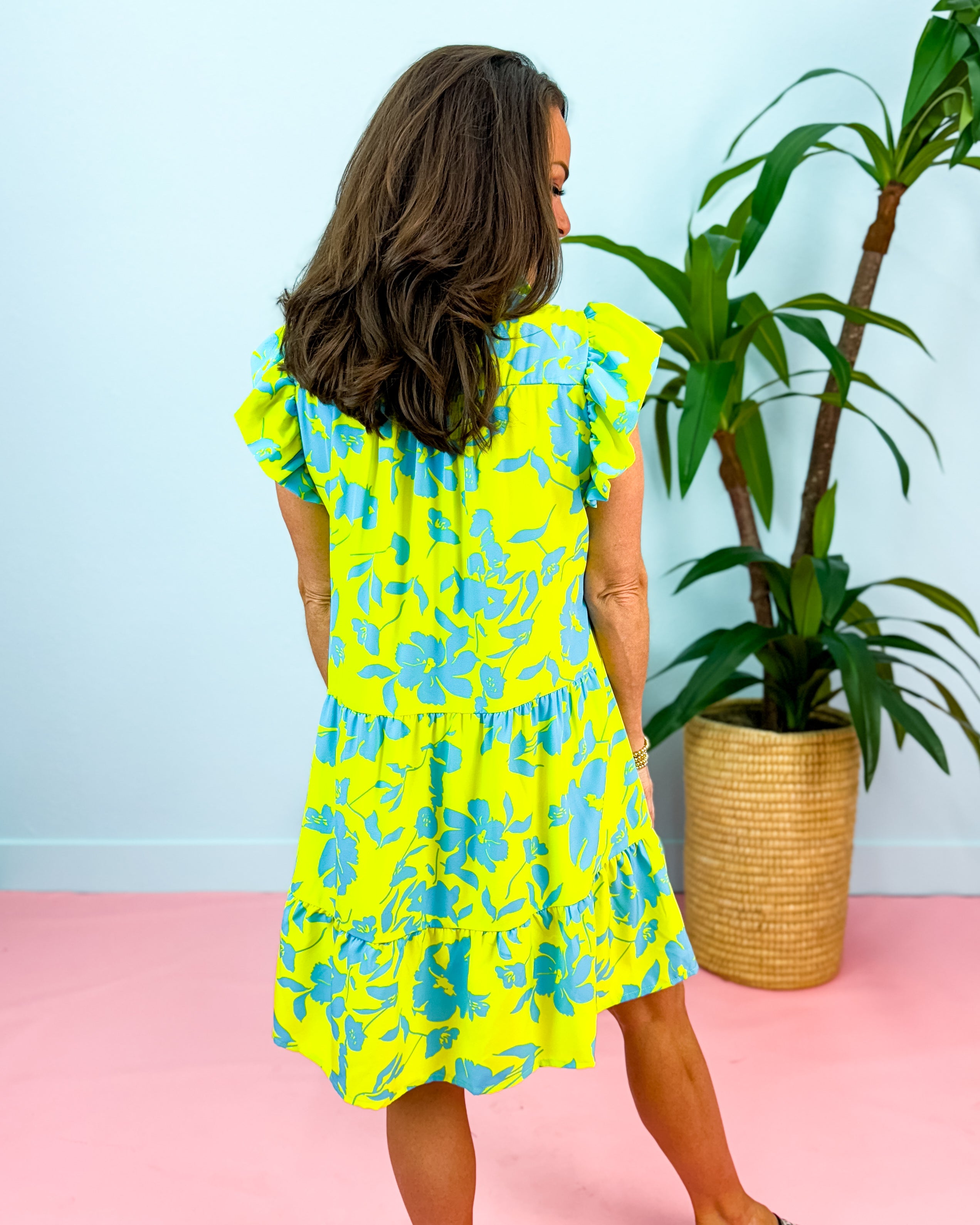 Floral Print A-Line Collared Tiered Dress with Short Flutter Sleeves in Lime Mix