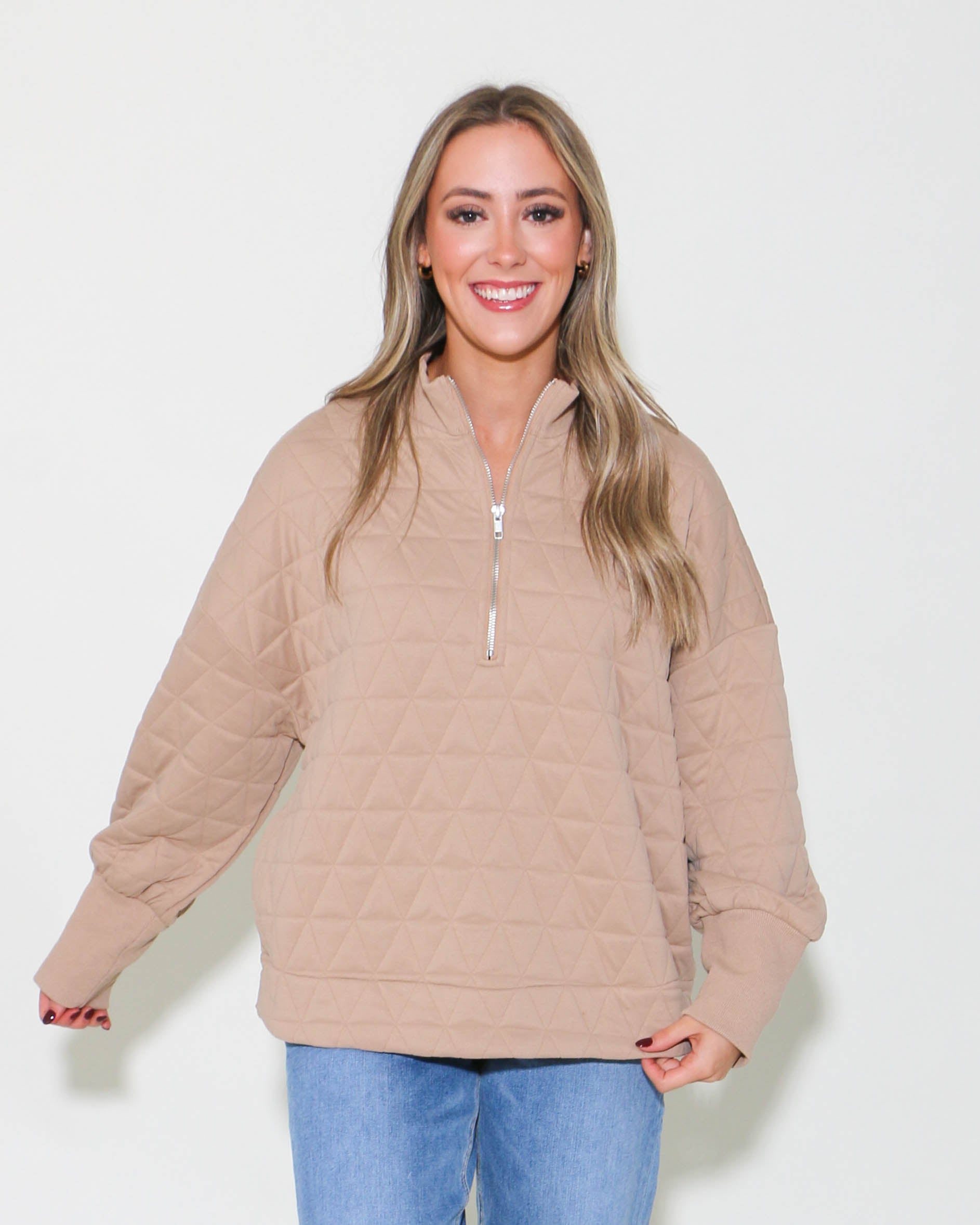 Textured Half Zip-Up Pullover in Taupe