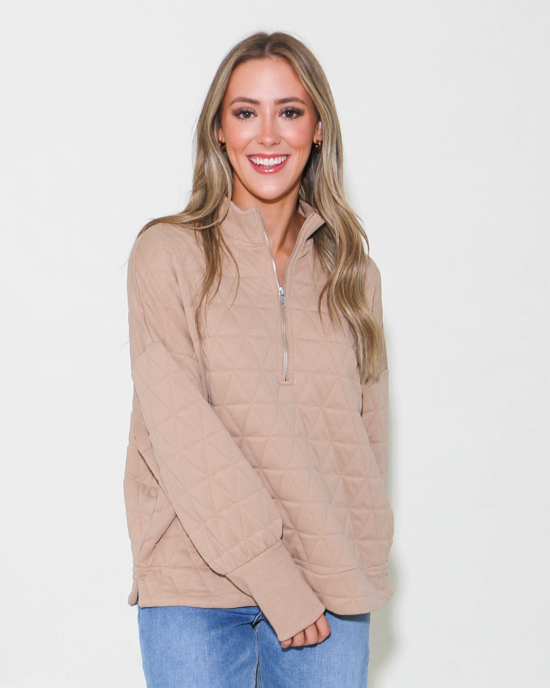Textured Half Zip-Up Pullover in Taupe