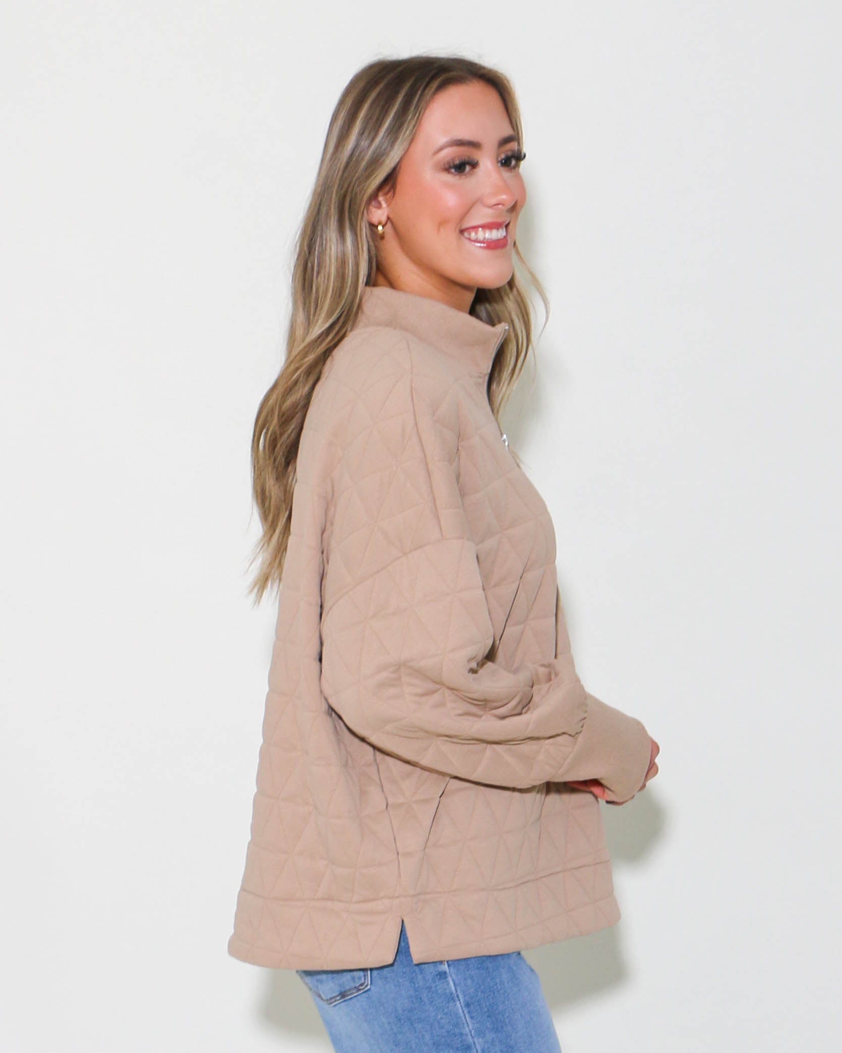 Textured Half Zip-Up Pullover in Taupe